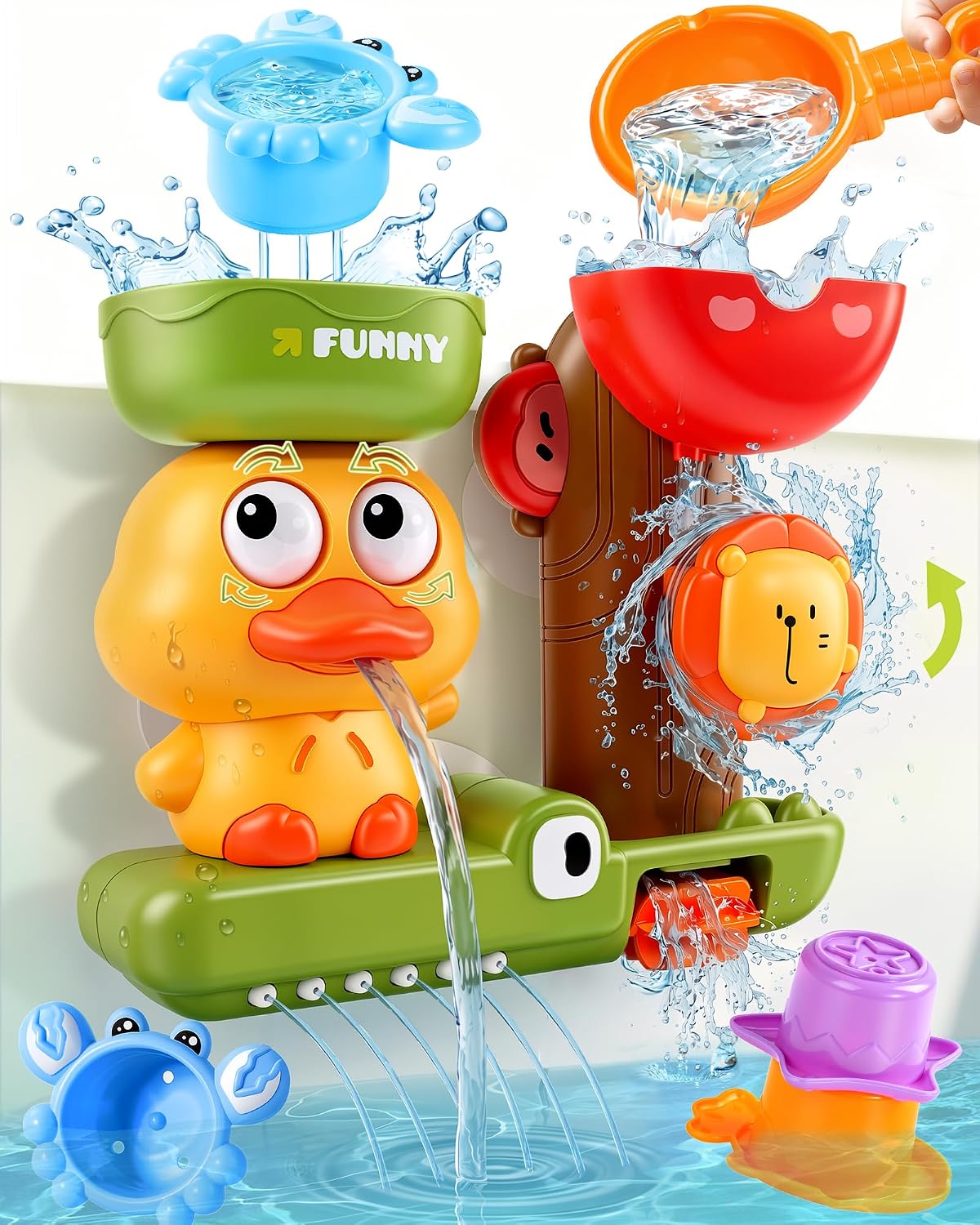 Hot Toddler Bath Toys for Kids Ages 1-3 Waterfall Bathtub Toys for Toddlers 2-4 | with 3 Stacking Cups No Mold Baby Bath Toys Interactive Duck Water Shower Toys for Boys Girls Gifts with Strong Suction Cups