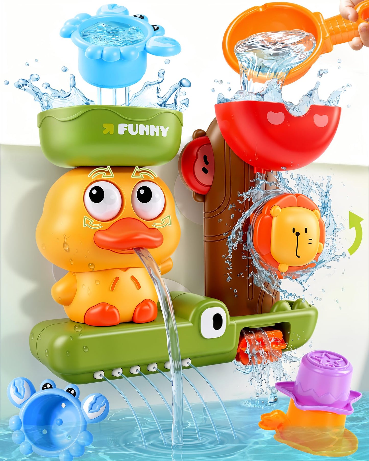 Hot Toddler Bath Toys for Kids Ages 1-3 Waterfall Bathtub Toys for Toddlers 2-4 | with 3 Stacking Cups No Mold Baby Bath Toys Interactive Duck Water Shower Toys for Boys Girls Gifts with Strong Suction Cups