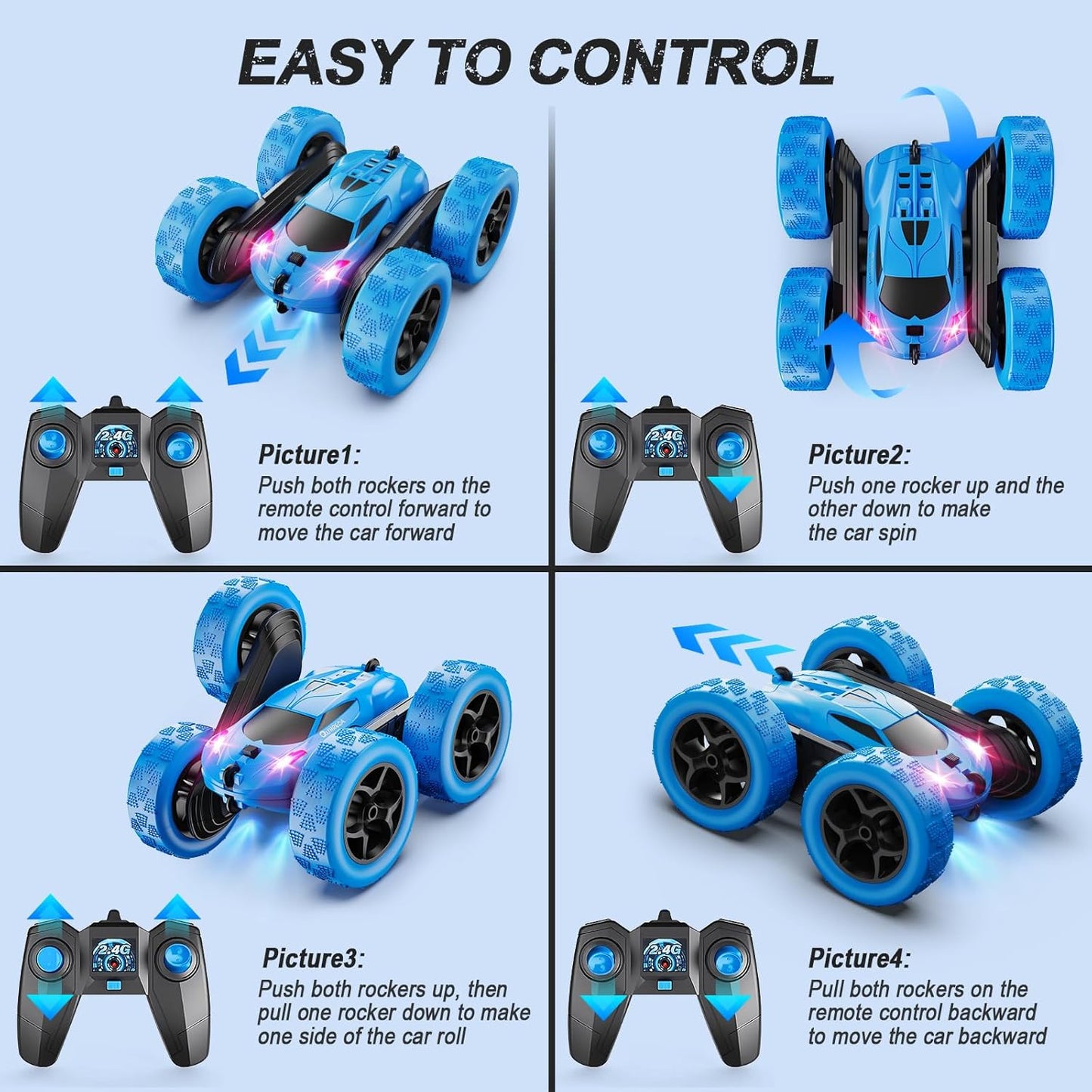 HotQUNREDA Remote Control Car, RC Cars Toys for Kids Ages 6-12, 4WD Stunt Car with LED Lights & 360° Flips, 2.4GHz, Upgraded USB-C Modular Batteries, 8-10 Year Old Boys Birthday Gift 1-Blue