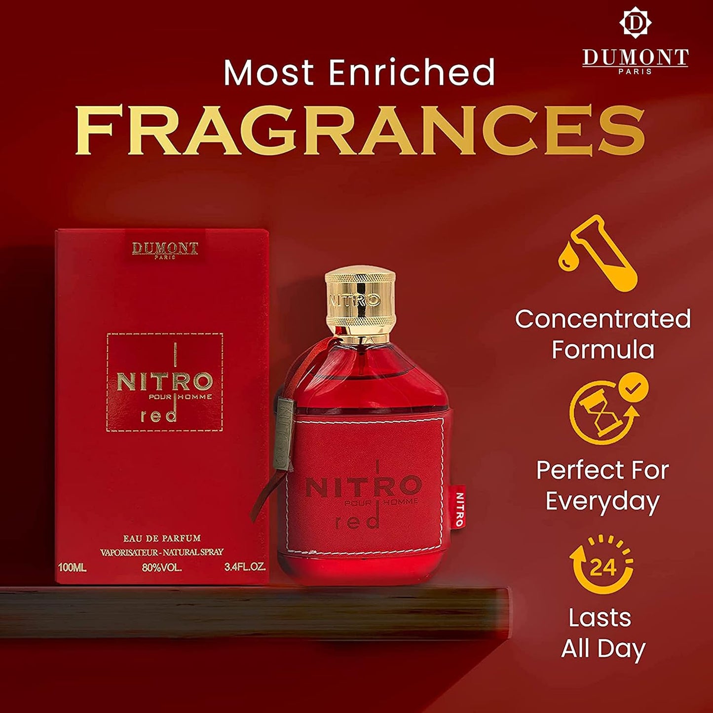 Hot Dumont Nitro Red 3.4 Fl Oz Eau De Parfum for Men – Rich Fruity Woody Floral Fragrance – Luxurious Long Lasting Scent