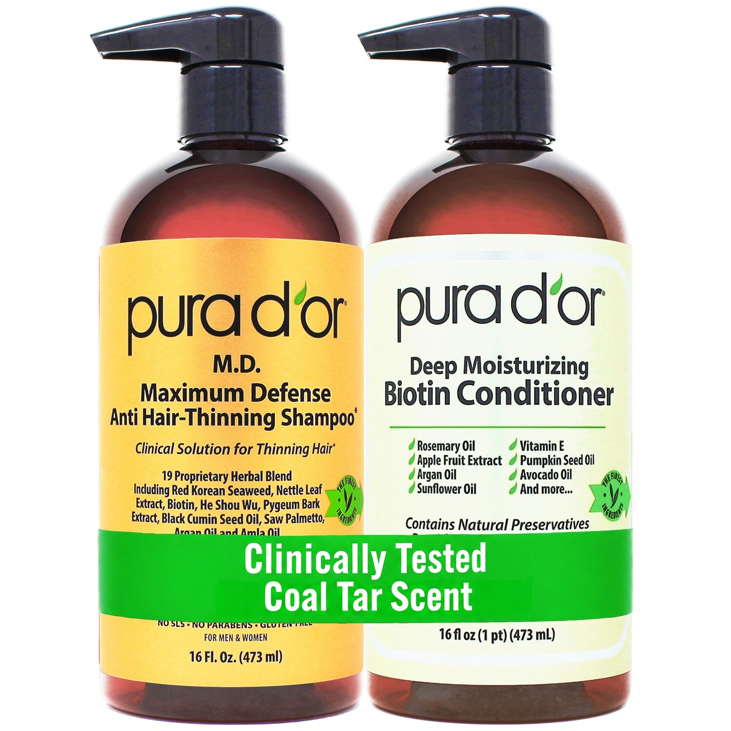HotPURA D'OR Anti-Thinning Biotin Shampoo & Hair Regrowth Conditioner, CLINICALLY TESTED Effective Results, Thickening Herbal Blend For Women & Men, Original Gold Label Set, Natural Earthy Scent, 16oz x2