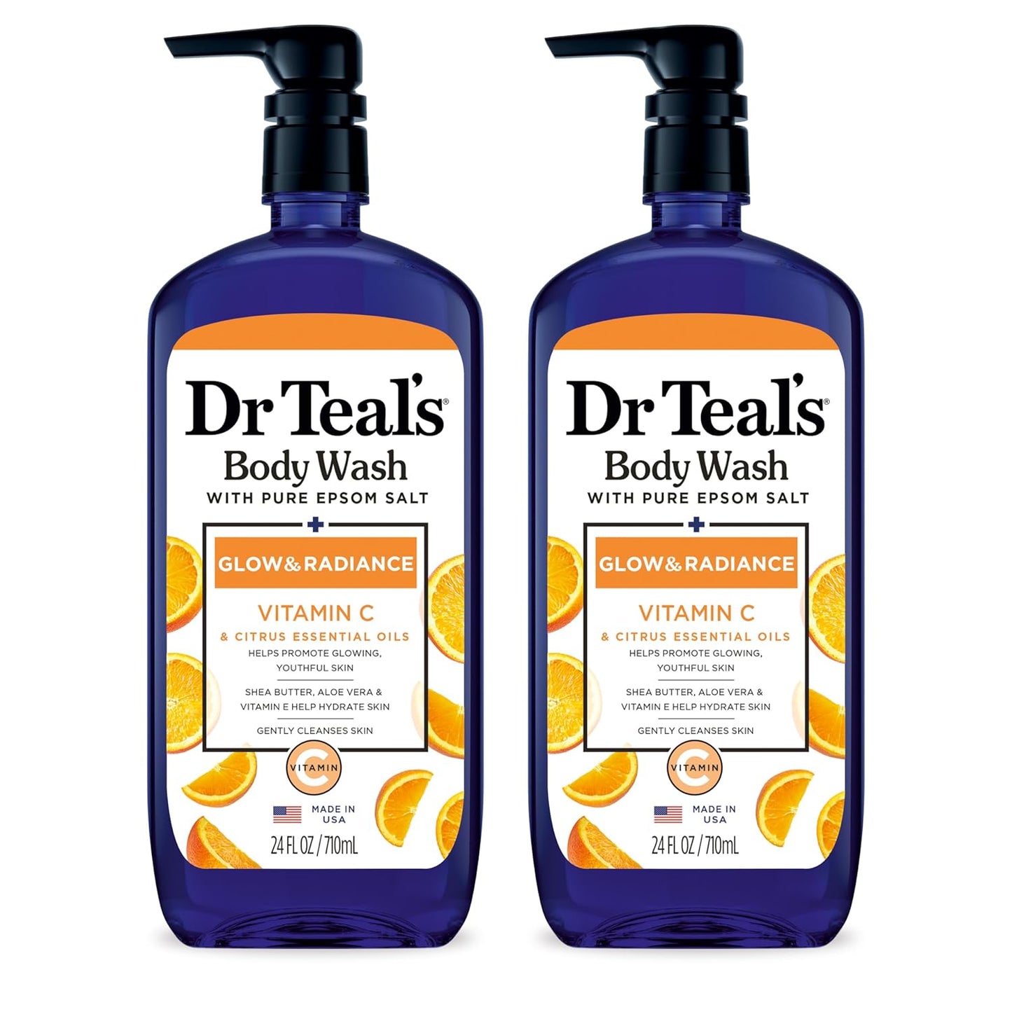 HotDr Teal's Body Wash with Pure Epsom Salt, Glow & Radiance with Vitamin C & Citrus Essential Oils, 24oz (Pack of 2)