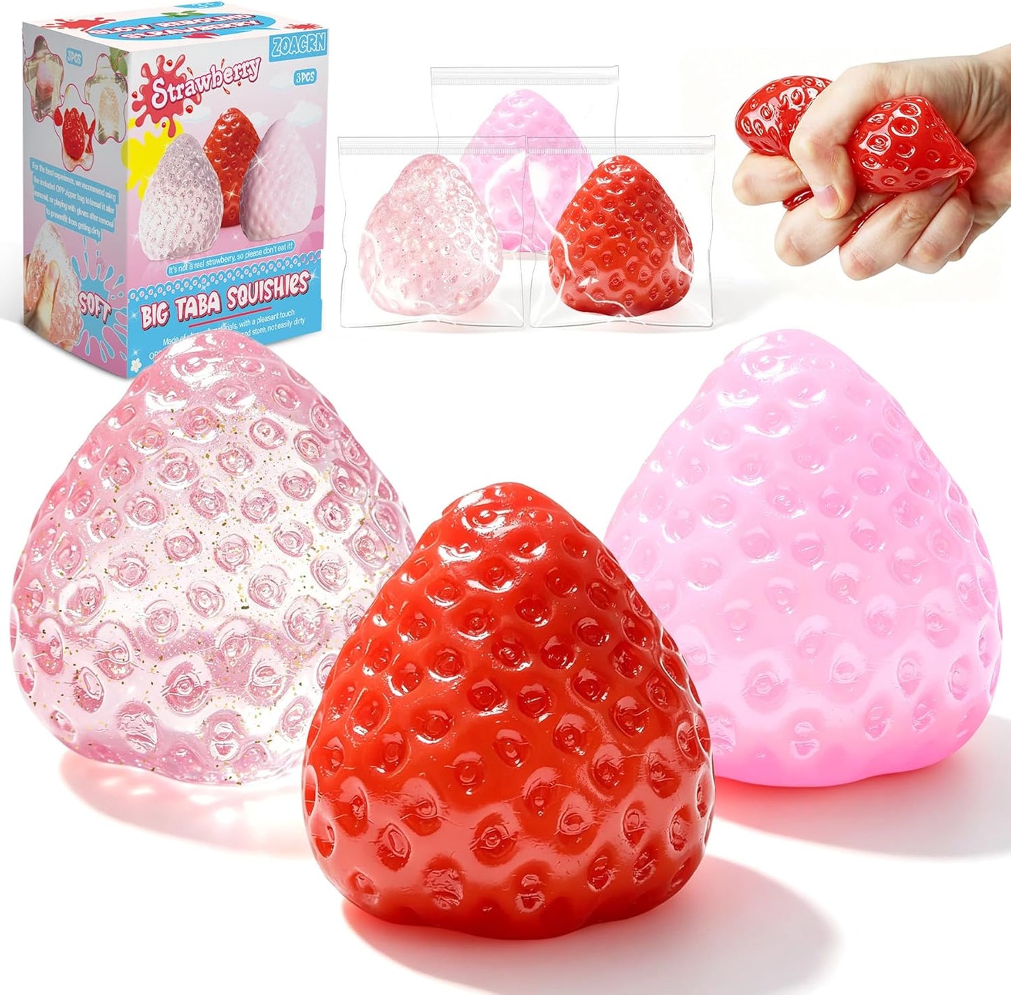 Hot3Pcs Big Taba Squishies Strawberry, Cute Strawberry Squeeze Toys, Upgrade Fruit Squishies, Kawaii Sticky Stress Toy, Clear Fidget Toys, Valentines Gift for Kids, Teen Boys Girls Birthday Gift Ideas