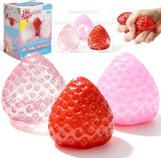 Hot3Pcs Big Taba Squishies Strawberry, Cute Strawberry Squeeze Toys, Upgrade Fruit Squishies, Kawaii Sticky Stress Toy, Clear Fidget Toys, Valentines Gift for Kids, Teen Boys Girls Birthday Gift Ideas