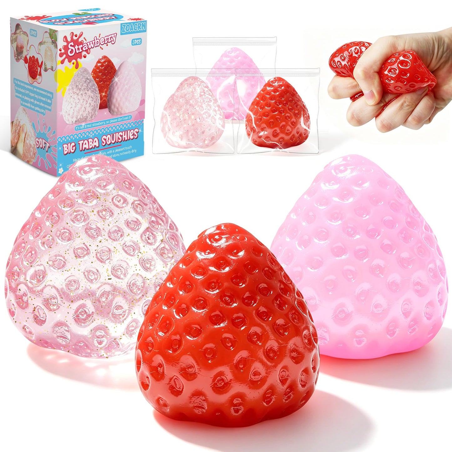 Hot3Pcs Big Taba Squishies Strawberry, Cute Strawberry Squeeze Toys, Upgrade Fruit Squishies, Kawaii Sticky Stress Toy, Clear Fidget Toys, Valentines Gift for Kids, Teen Boys Girls Birthday Gift Ideas