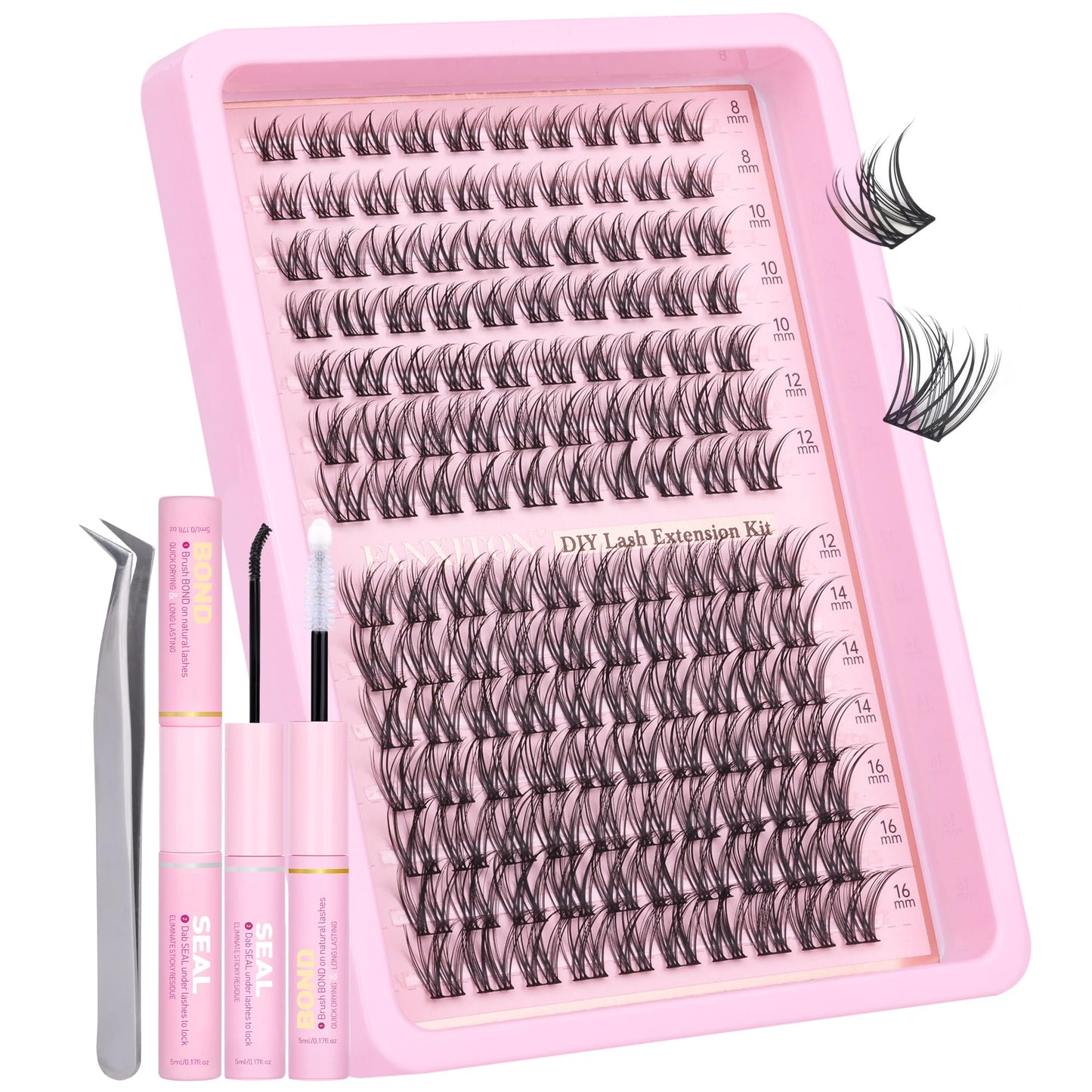 HotFANXITON DIY Individual Eyelash Extension Kit, Thick Volume Lash Clusters 40D+50D D Curvature, 280 Pieces Thin Band Cluster Lashes with Bond and Seal Tweezers