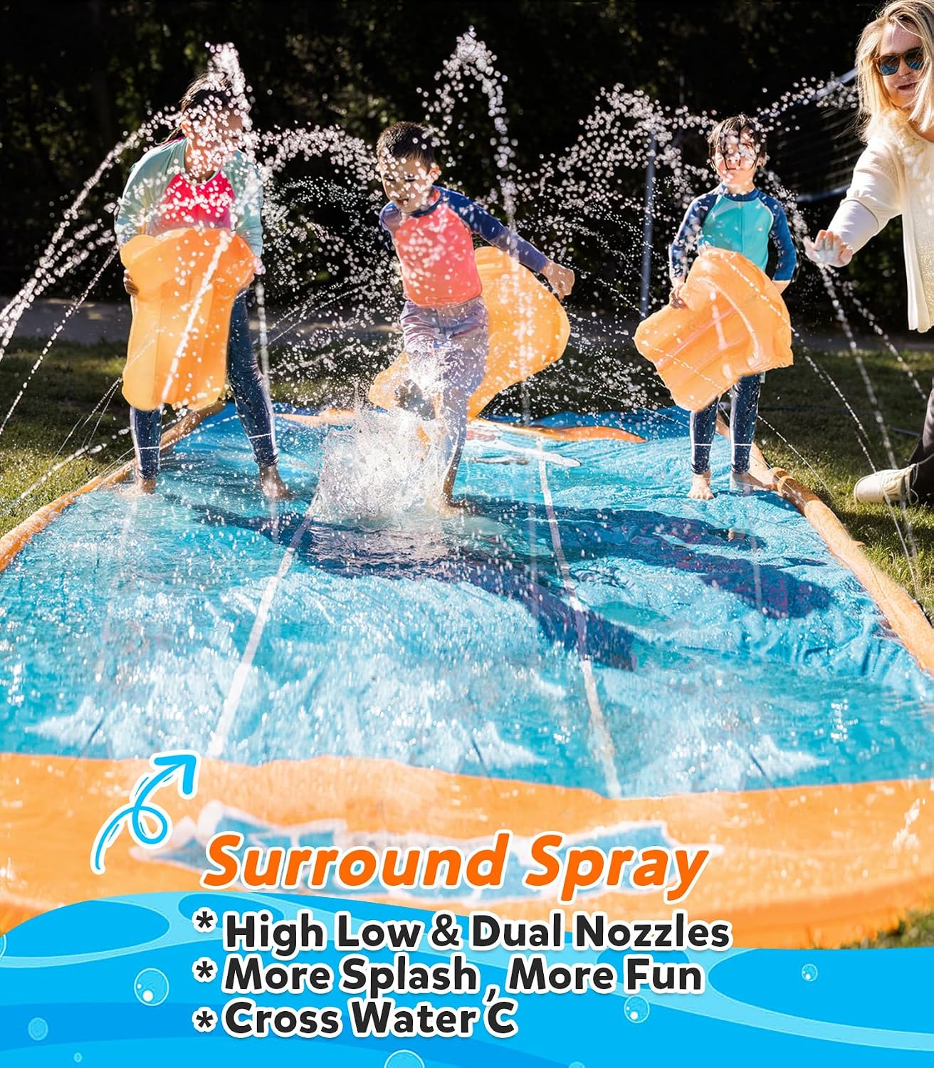 Hot Spring Water Slip and Water Slide for Kids Backyard, 22ft*3 Racing Lanes Slip Water Slides with Sprinkler for Age 5-8 8-12, Summer Outdoor Water Toy with 3 Inflatable Bodyboards
