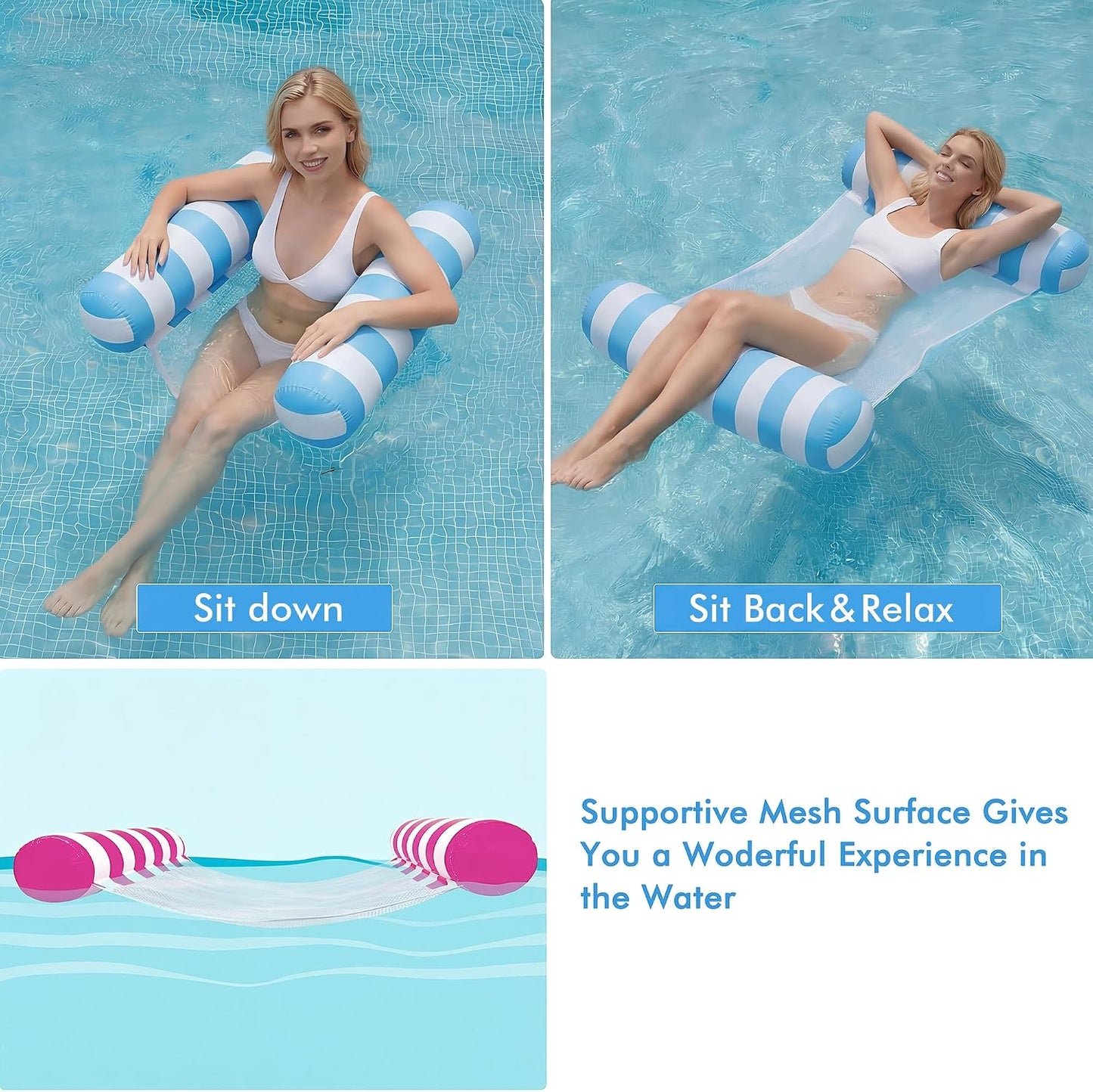 Hot4 Pack Inflatable Pool Floats, OKSUWATER 4-in-1 Water Hammock, Pool Floats Adult Size for Swimming Pool Party Summer Lake Water Fun
