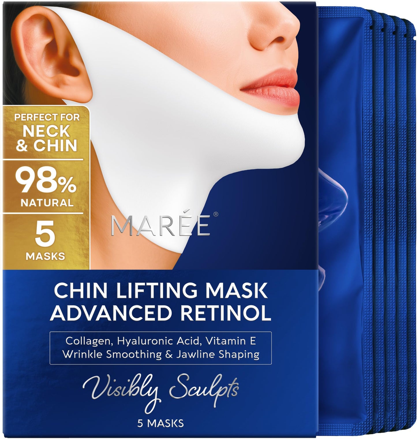 HotMAREE V Line Lifting Mask with 24K Gold – Deep Collagen Face Mask for Women – Jawline Shaper Mask with Retinol & Hyaluronic Acid – Neck Tightening & Firming - Double Chin Strap for Face Lift