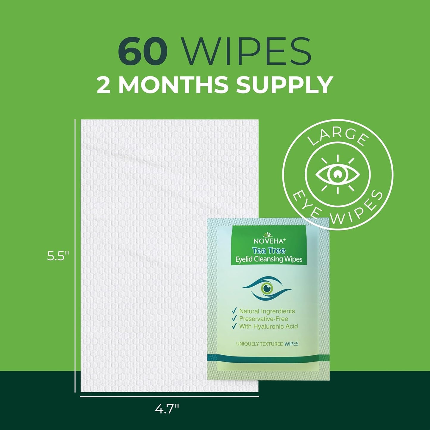 HotNOVEHA 60PCs Tea Tree Oil Eyelid & Lash Wipes | With Hyaluronic Acid, Green Tea & Chamomile For Blepharitis, Itchy & Stye Eyes, Individually Wrapped, Natural Eyelash Makeup Remover & Daily Cleanser