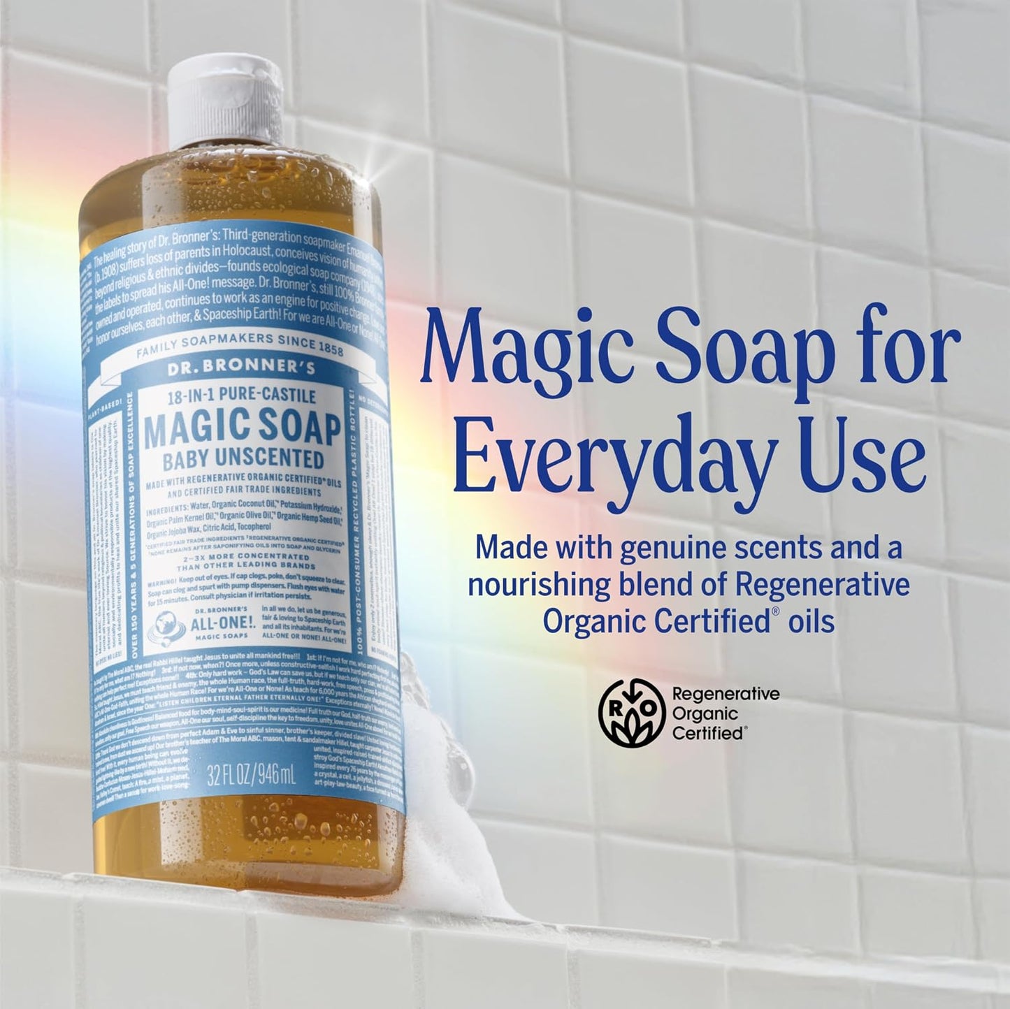 HotDr. Bronner's Pure-Castile Magic Soap Liquid (Baby Unscented, 32 Ounce) – Made with Regenerative Organic Certified Oils – For Sensitive Skin, Babies, Face, Hair, Laundry, Dishes, Hand Soap & Body Wash