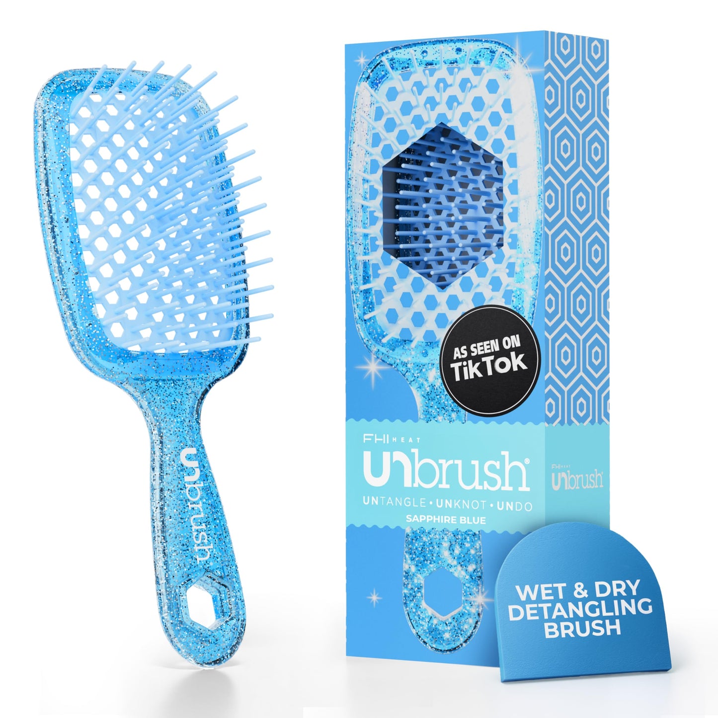 HotFHI Heat UNbrush Detangling Brush for Pain-Free Brushing on All Wet or Dry Hair Types — Durable DuoFlex Anti-Static Bristles, Lightweight Handle, Vented Hair Brush, Periwinkle Light Blue