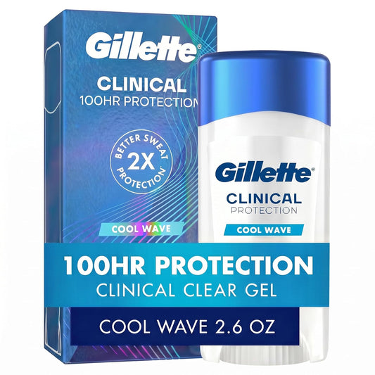 HotGillette Clinical Antiperspirant and Deodorant for Men, 100HR Clinical Strength Sweat & Odor Protection, Long Lasting Freshness, Anti-White Mark Technology, Clear Gel, Cool Wave Scent, 2.6 oz