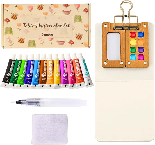 Hot Tobios Watercolor Paint Set, Mini Travel Watercolor Kit with 12 Colors, Refillable Water Brush, Wooden Palette & Sketchbook, Portable Painting Set for Beginners, Journaling & Gifts