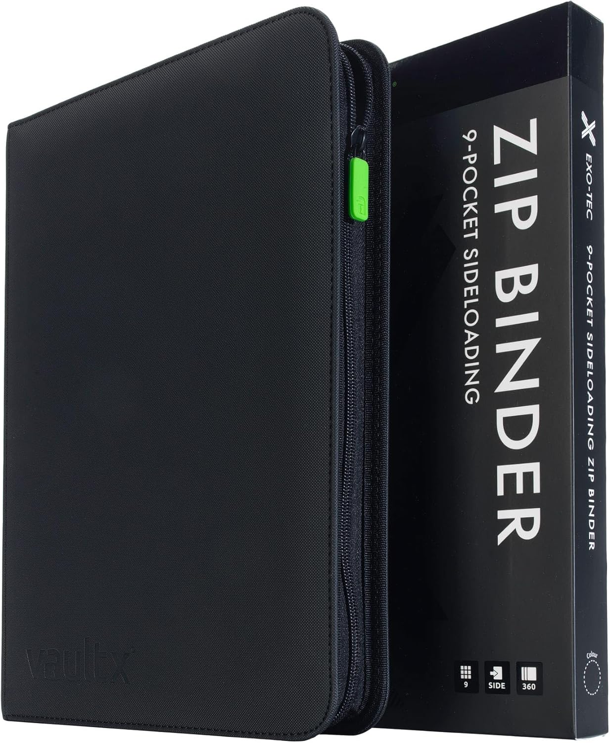HotVault X 9 Pocket Zip Trading Card Binder 360 Cards Exo-Tec (Black) | Holds 360 standard-size TCG cards in 20 side-loading 9-pocket pages. Padded, water-resistant Exo-Tec cover.