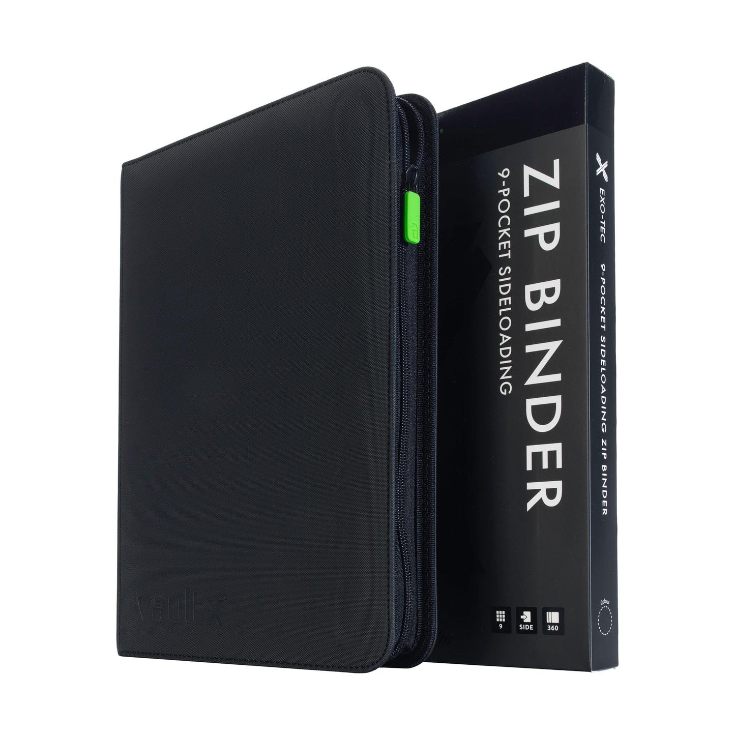 HotVault X 9 Pocket Zip Trading Card Binder 360 Cards Exo-Tec (Black) | Holds 360 standard-size TCG cards in 20 side-loading 9-pocket pages. Padded, water-resistant Exo-Tec cover.