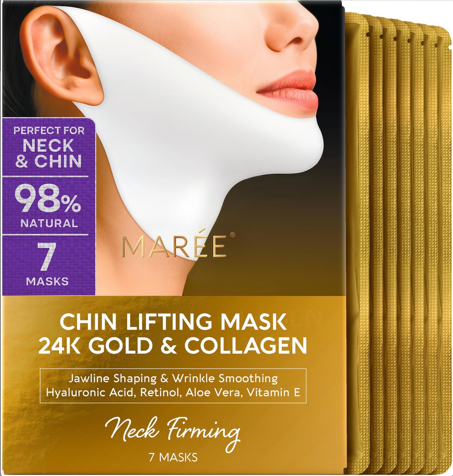 HotMAREE V Line Lifting Mask with 24K Gold – Deep Collagen Face Mask for Women – Jawline Shaper Mask with Retinol & Hyaluronic Acid – Neck Tightening & Firming - Double Chin Strap for Face Lift