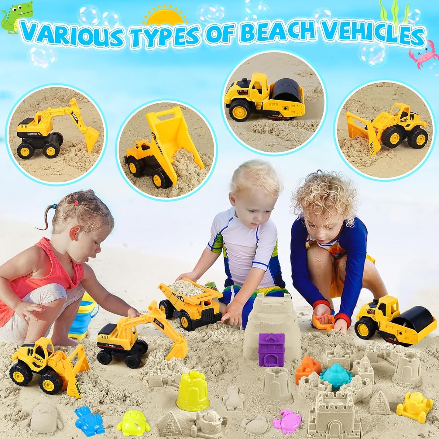 Hot FHOZGECY Beach Sand Toys, 4 Construction Vehicles, 4 Collapsible Buckets, Sand Castle Molds with Travel Mesh Bags, Sandbox Play Set for Kids Ages 3-12, Multi‑Scene Play for Outdoor Summer Beach Games