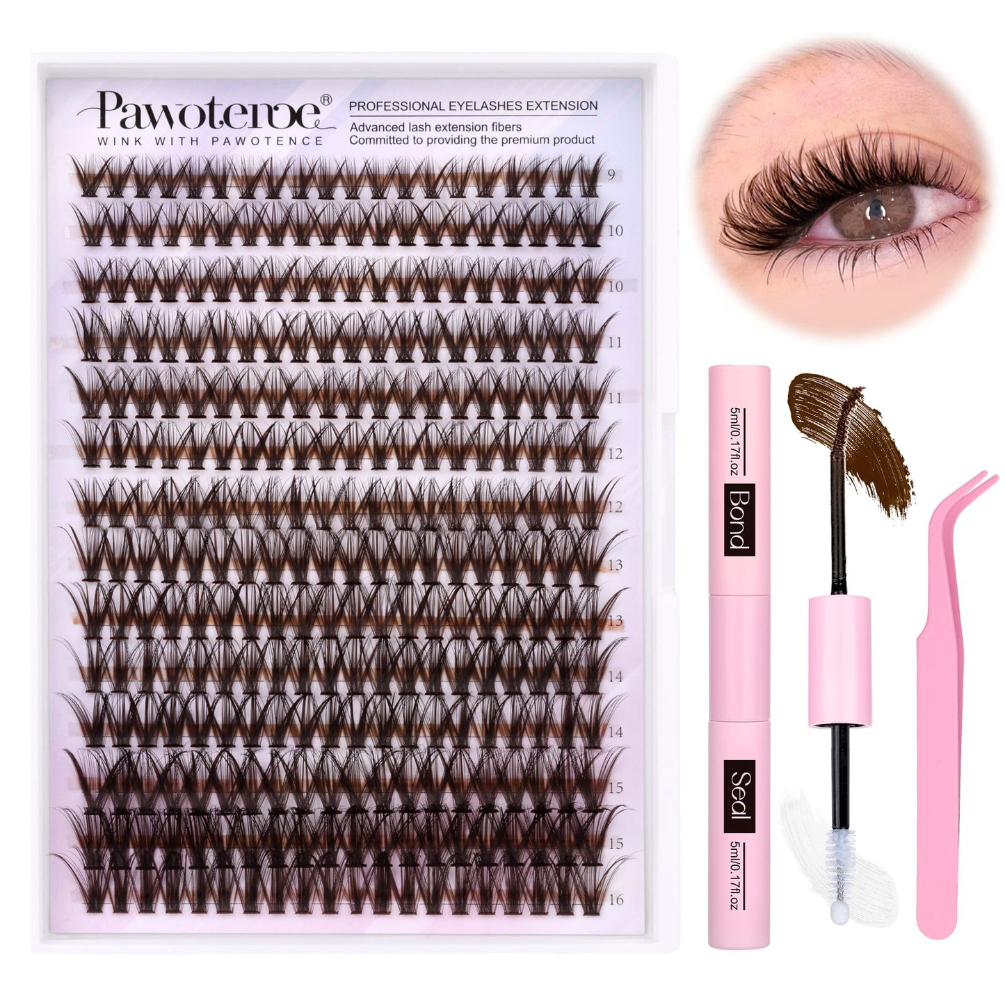 HotPawotence Lash Extension Kit DIY 280pcs Lash Clusters Eyelash Extension Kit, 9-16mm 30D 40D Individual Lashes Kit with Lash Bond and Seal, Lash Tweezers for Self Use (30D&40D, 0.07D, 9-16mm, Kit)