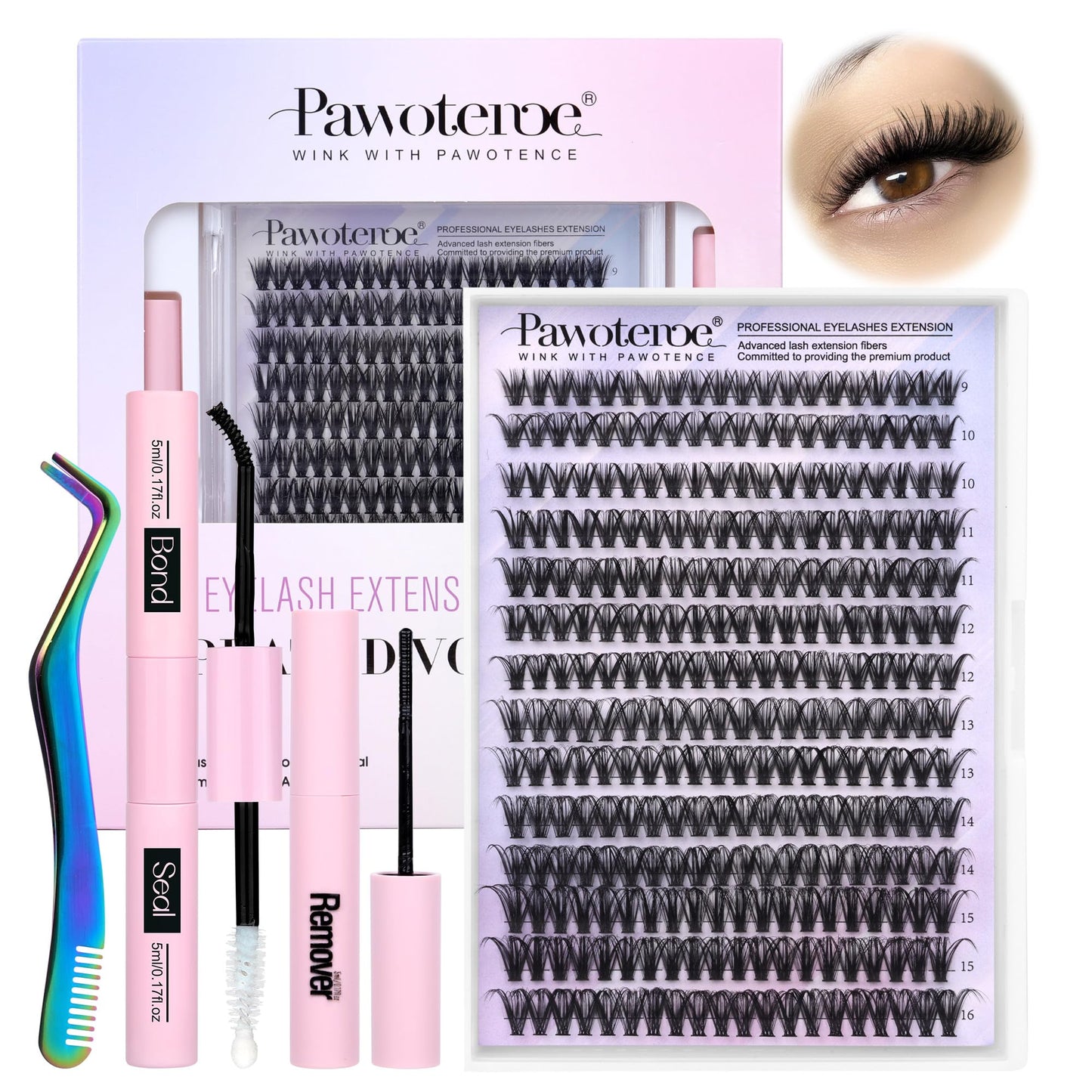 HotPawotence Lash Extension Kit DIY 280pcs Lash Clusters Eyelash Extension Kit, 9-16mm 30D 40D Individual Lashes Kit with Lash Bond and Seal, Lash Tweezers for Self Use (30D&40D, 0.07D, 9-16mm, Kit)