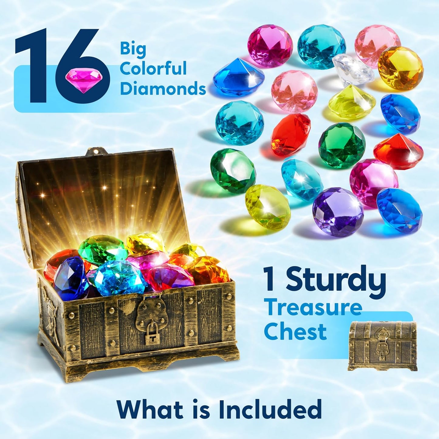 HotSloosh Diving Gems Pool Toys, 16 Big Colorful Diamond with Pirate Treasure Chest,Swim Dive Toy for Kids Underwater Gemstone Swimming Training Gift Water Pool Games(Gold)