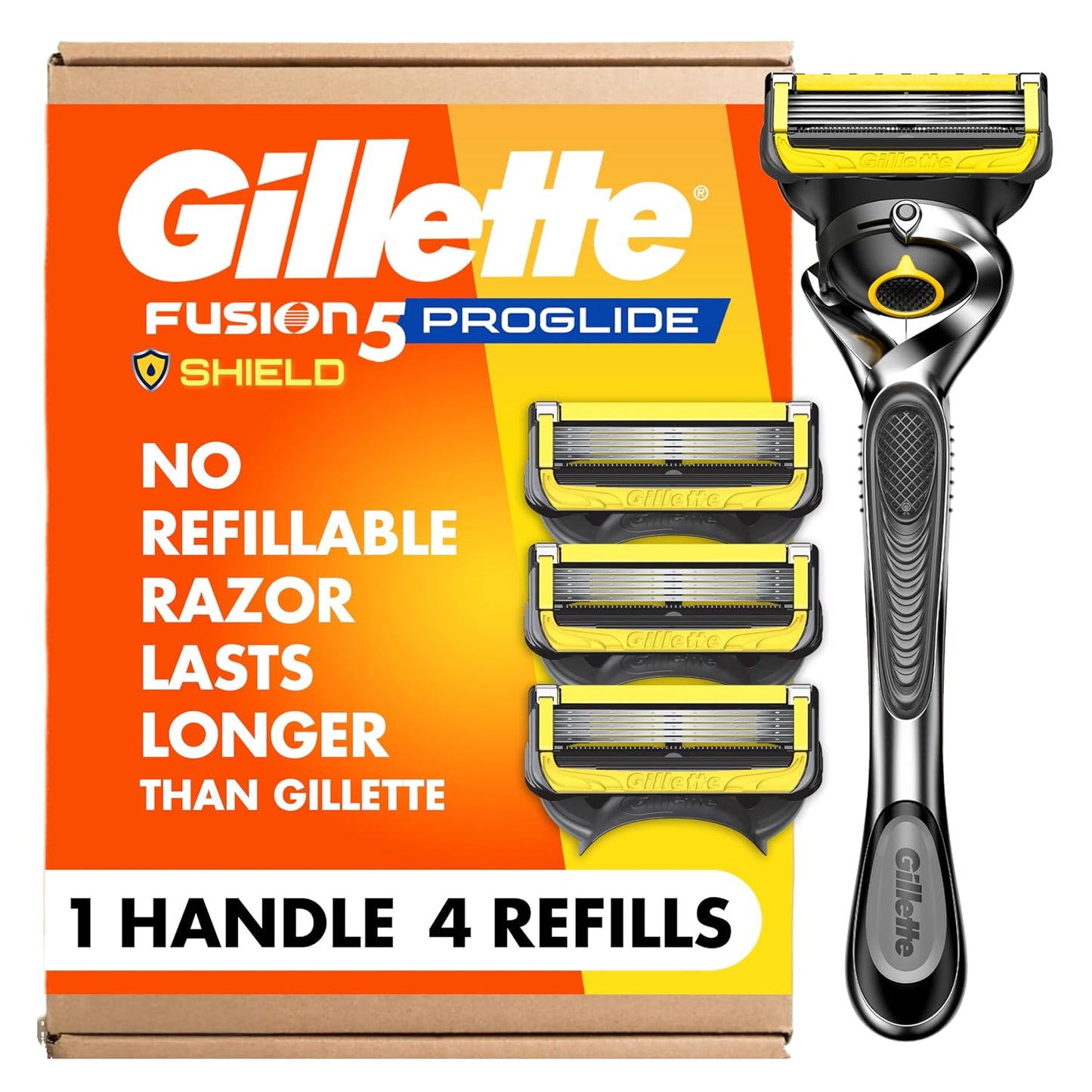 HotGillette ProGlide Shield Men's Razor, 5-Blade Razor with Precision Trimmer, 1 Handle and 4 Refills