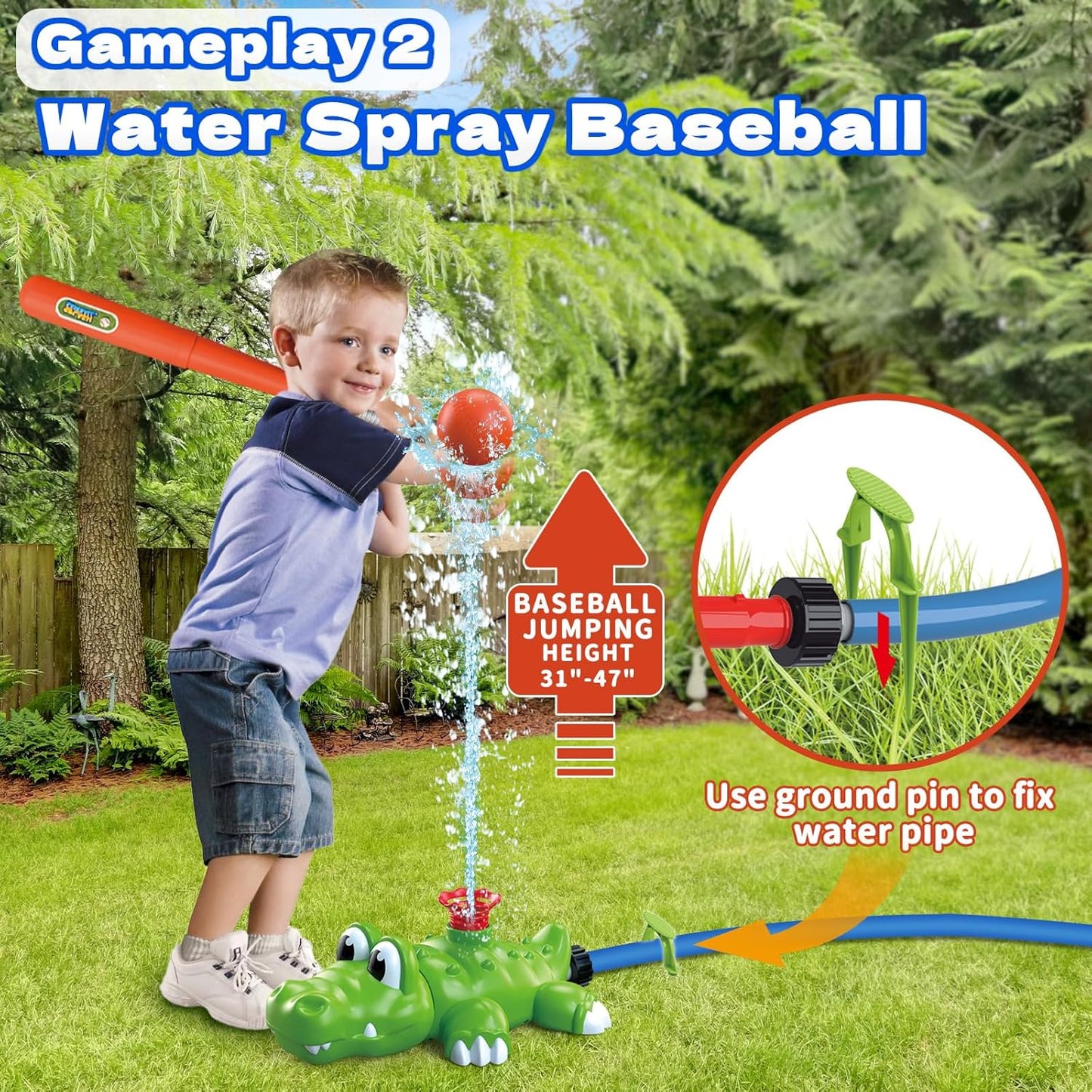 HotIntoypad 4-in-1 Kids Water Sprinklers T Ball Set & Water Ball Toy, Crocodile Baseball Sprinkler for Backyard Outdoor Summer Toys for Boys Girls Outside Yard Water Game Toys for Kids Toddlers Ages 3-8
