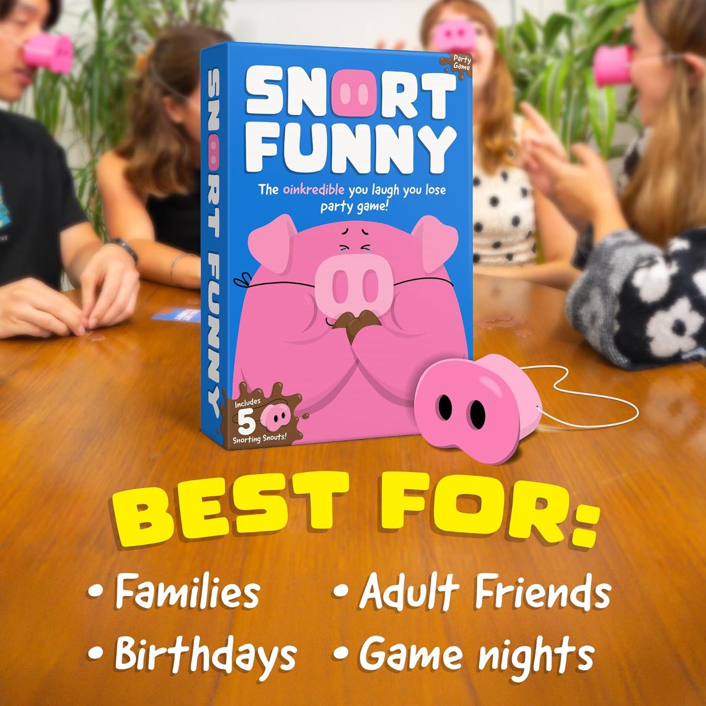HotSnort Funny – The Oinkredible You Laugh You Lose Party Game | Family Games for Kids and Adults | 150 Challenge Cards, 5 Pig Snouts & Mud Tokens | Funny Games for Friend & Family, 4-8 Players, Ages 8+