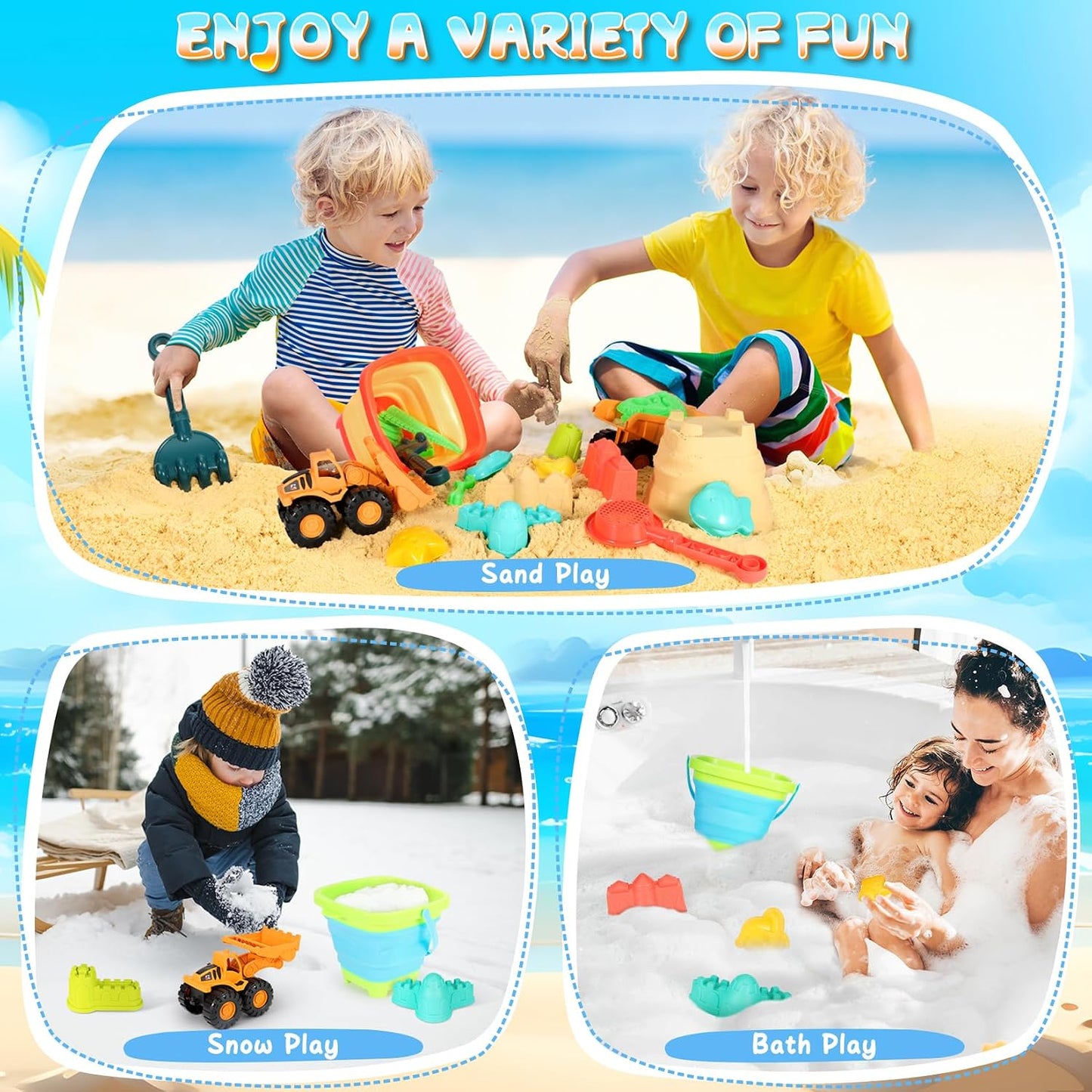 HotHUITEM Beach Sand Toys for Kids, 29PCS Sandbox Toys with 2 Collapsible Bucket Sand, 2 Dump Truck, Dinosaur Molds, Castle Building Kit, Shovel Sieve,Flags,Mesh Bag Travel Beach Toys for Toddler 3-10