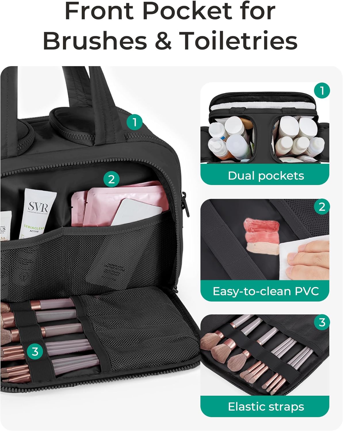 HotBAGSMART Travel Toiletry Bag, Lightweight Large Wide-open Travel Bag for Women, Puffy Cosmetic Makeup Bag Organizer with Handle for Accessories,Essentials, Toiletries, Black