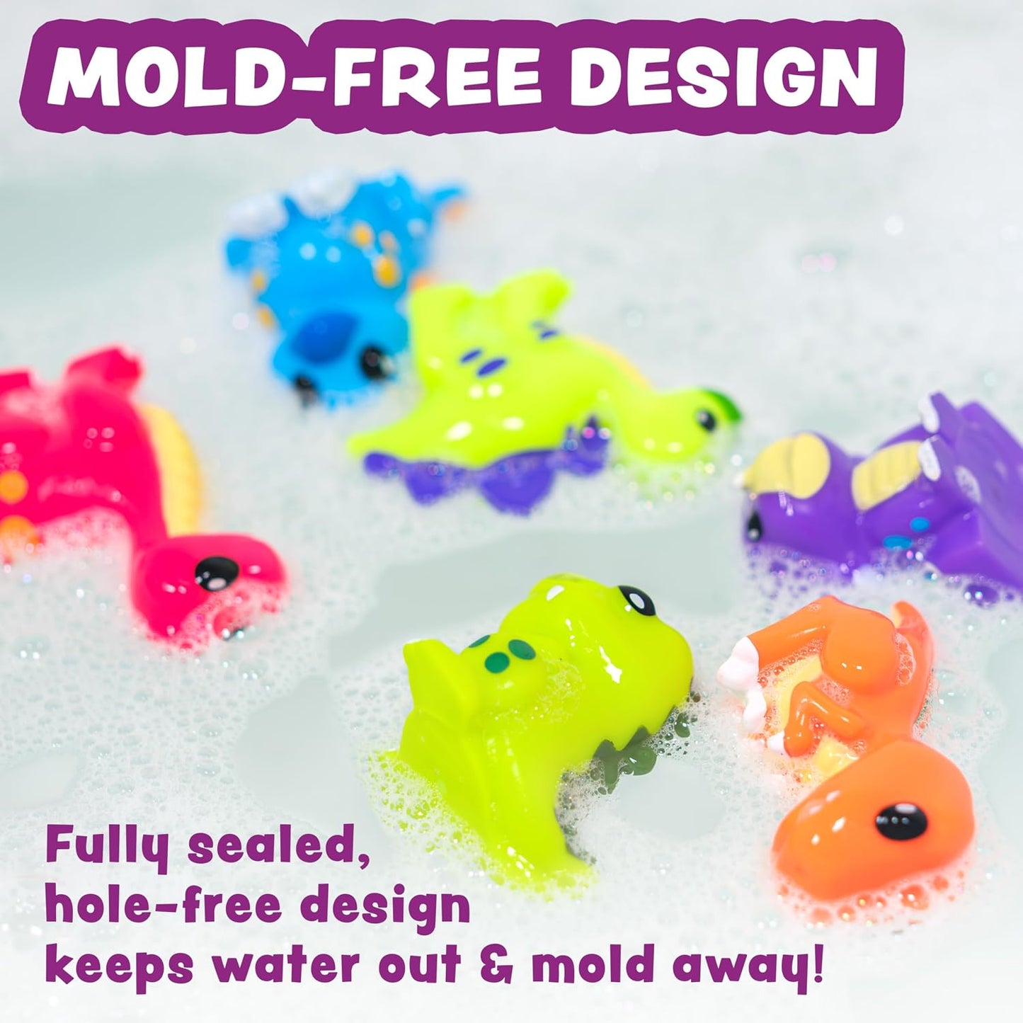 HotTub Works® Dinosaur Mold Free Bath Toys, 6 Pack | Sealed, No Hole Bath Toys Design Keeps Moisture Out | Soft, Squeezable & Float on Water | Easy-Grip Baby & Toddler Bath Toy Set | Great Baby Pool Toys