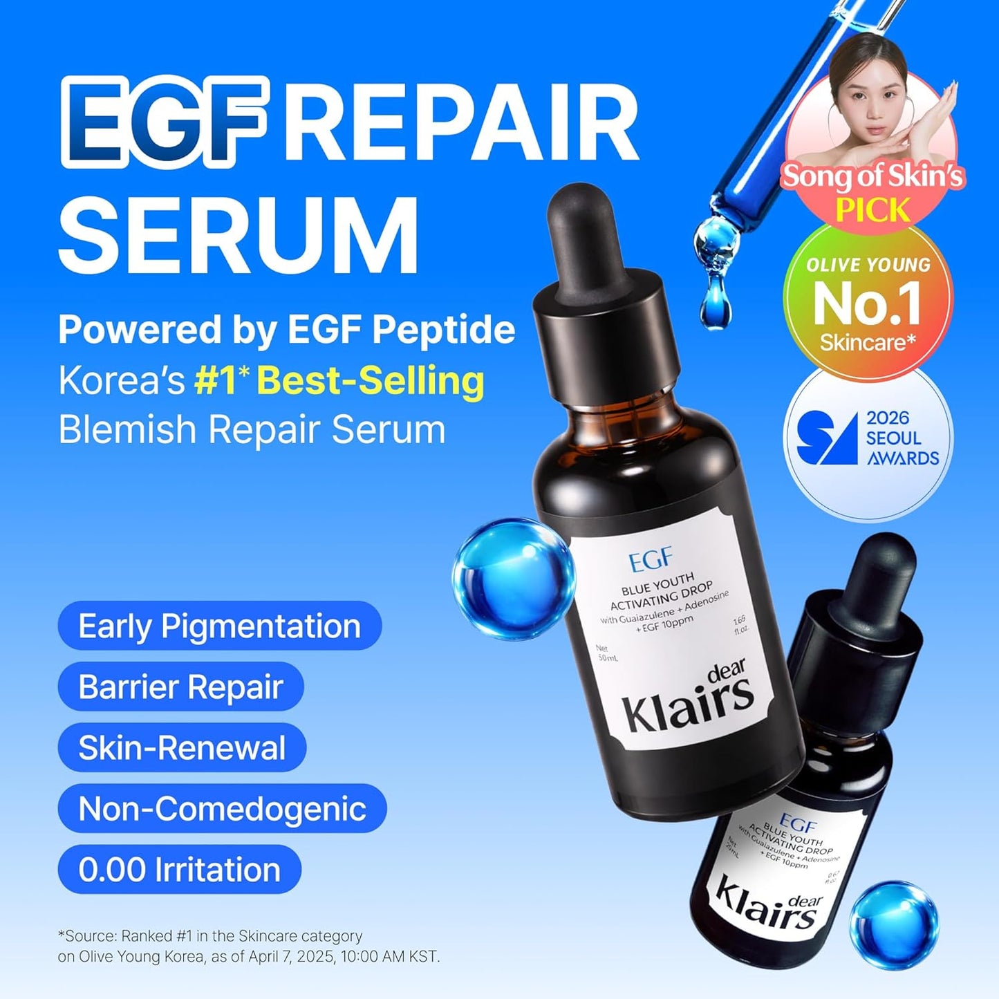 HotDearKlairs Korean EGF Serum - Blue Youth Activating Drop with EGF & FGF (10ppm Each), Barrier Repair & Post-Blemish Marks, Sensitive Skin-Friendly, Daily Calm & Soothe, 1.69 Fl Oz