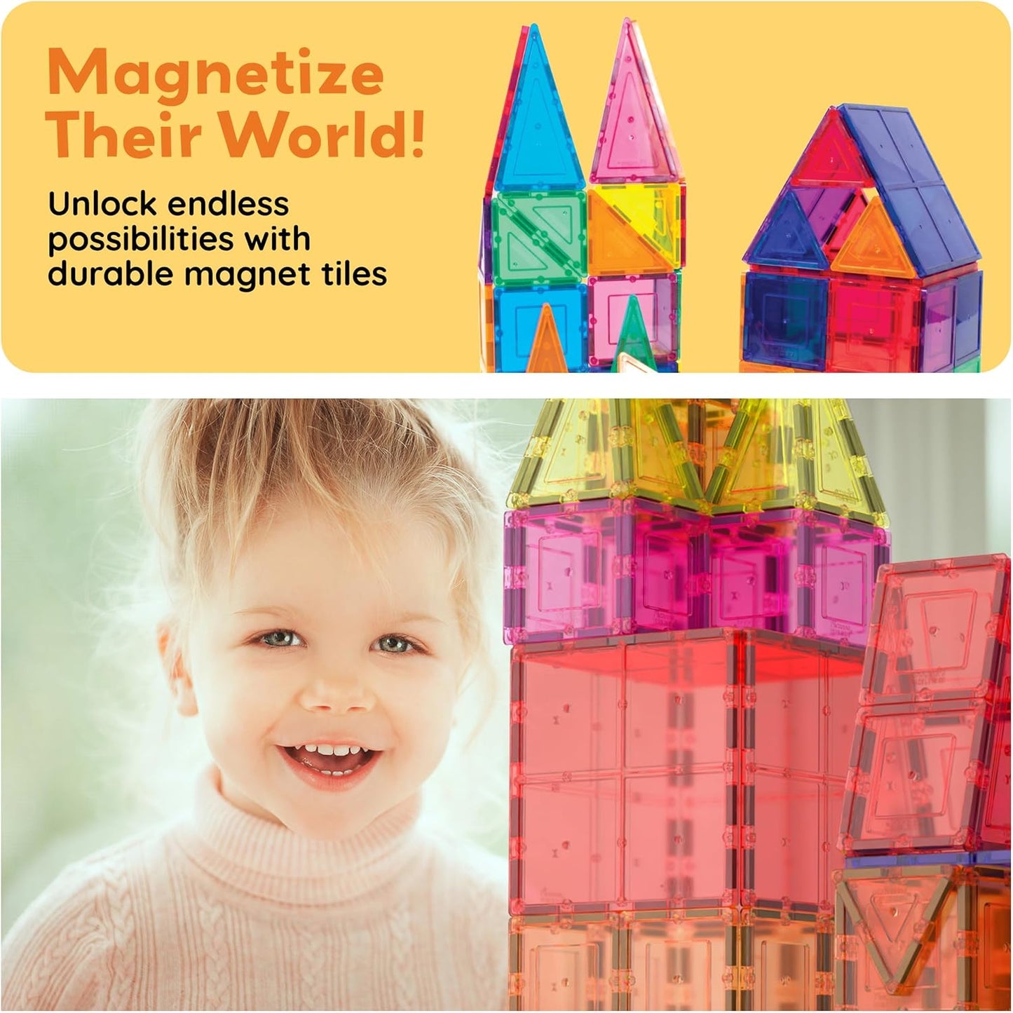 HotPicassoTiles 60 Piece Magnetic Tiles Clear 3D Building Blocks STEM Ages 3+ | Montessori sensory learning, easy small-hand grip, multiplayer group play fun, preschool classroom gifting, smooth safe edges