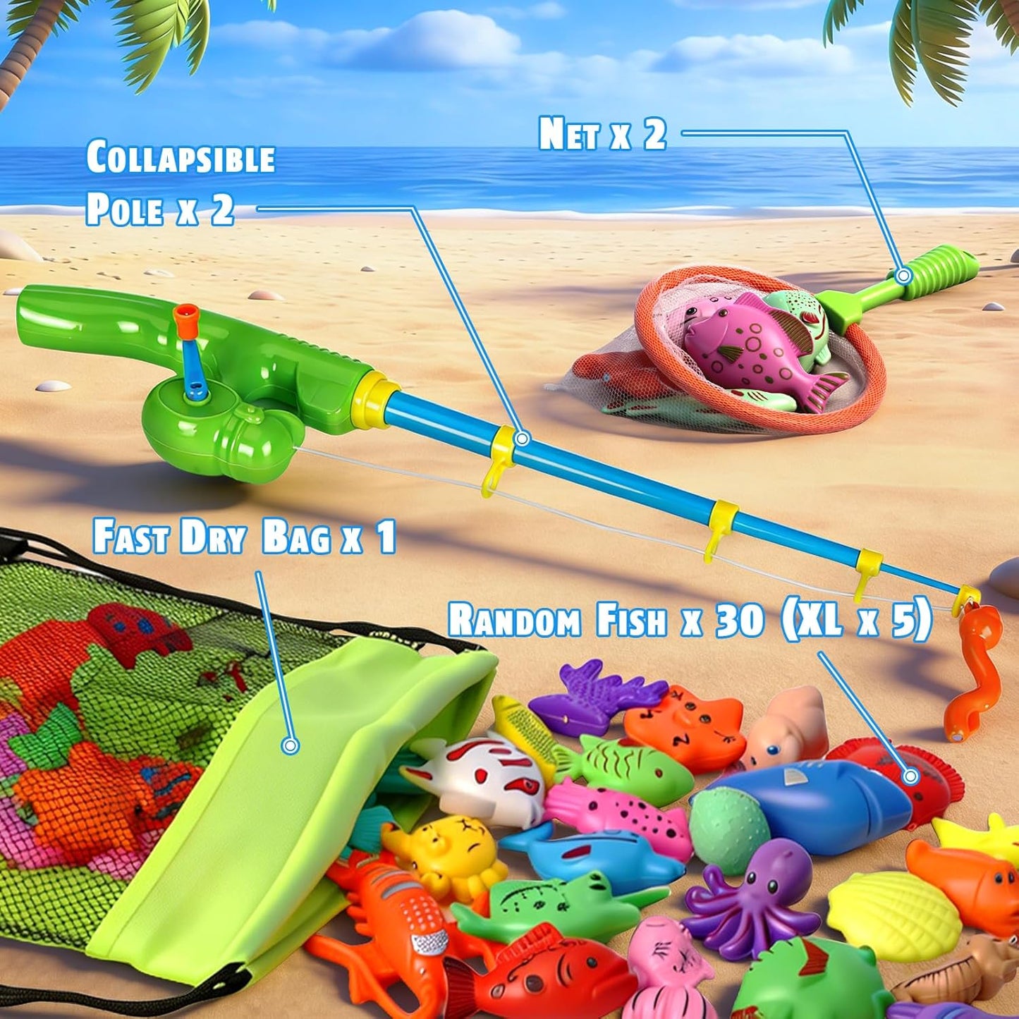 HotCozyBomB™ Magnetic Fishing Toys Game Set for Kids | Water Table Bathtub Kiddie Pool Party Pole Rod Net, Outdoor Plastic Floating Fish, Toddler Bath Color Ocean Sea Animals Birthday Gift Age 3-5 6 4-8