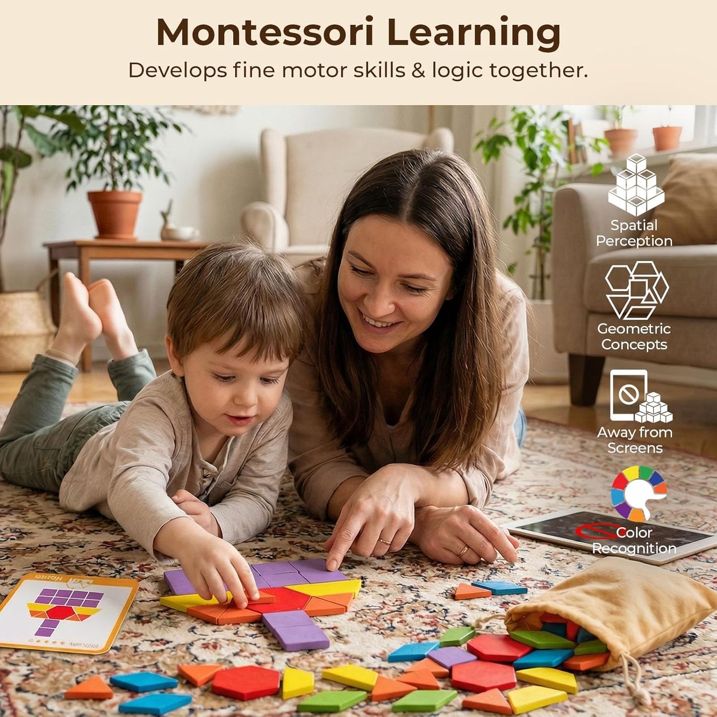 HotLovesTown 209 PCS Shapes Wooden Pattern Blocks for Kids, Geometric with Activity Cards and Storage Bag, Educational Tangram Puzzles,Great Learning Gift from Parents or Teachers