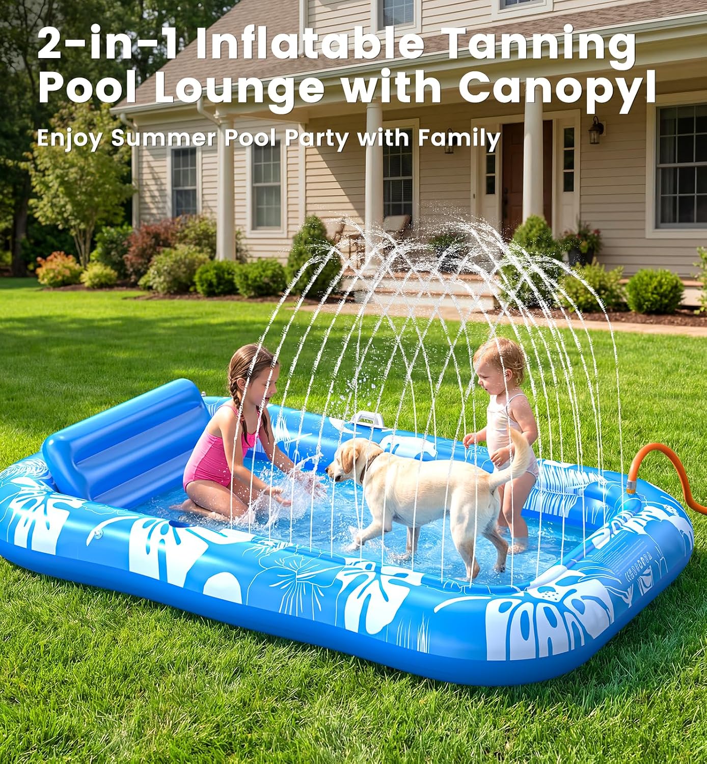 HotInflatable Tanning Pool Lounger Float with Sprinkler & Canopy UPF50+, 77" x 48" Extra Large Tanning Pool Float for Adults, Sunbathing Water Lounge Bed with Pillow & Cup Holder for Backyard & Pool