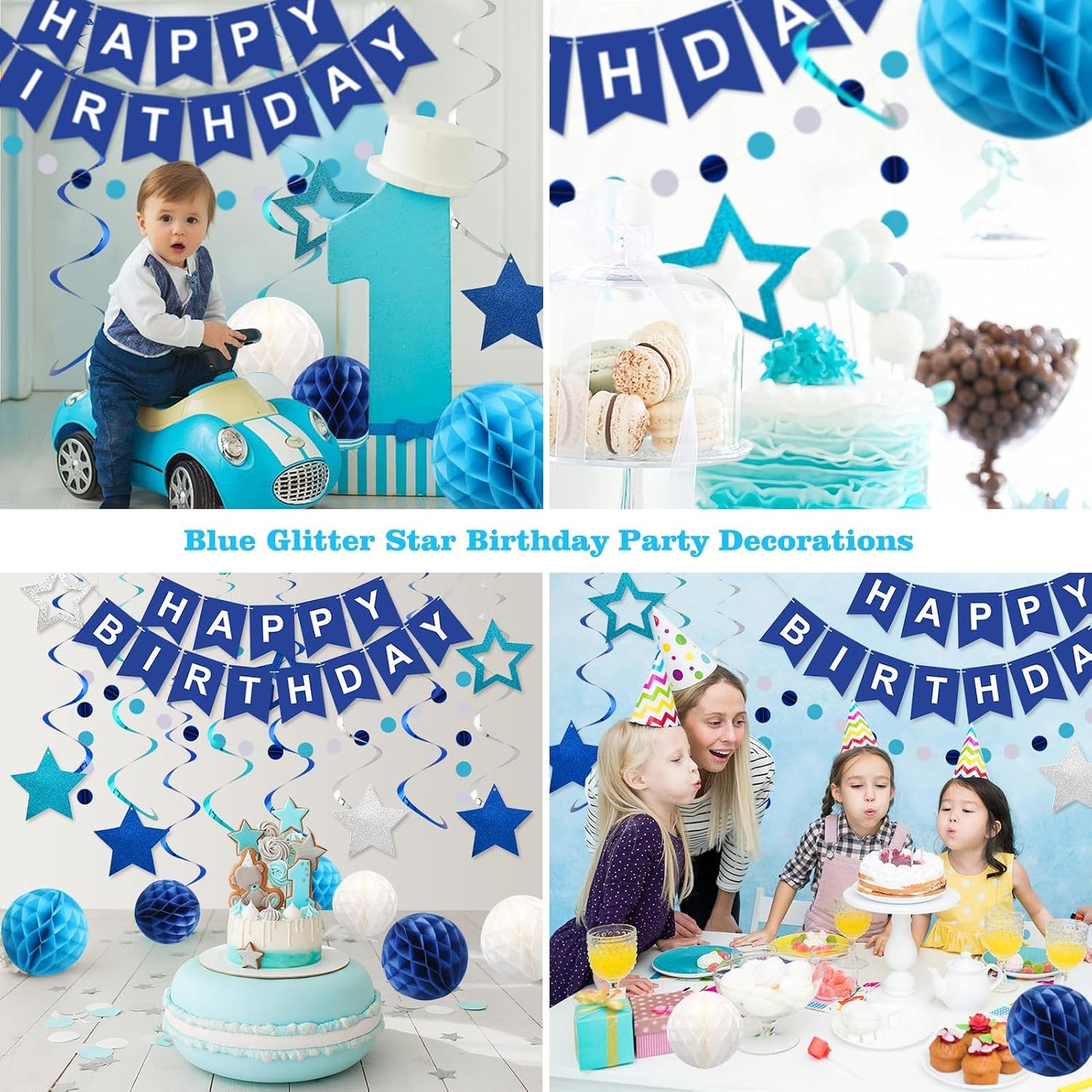 Hotmeowtastic Birthday Decorations Happy Birthday Banner with Honeycomb Balls | 16pcs Birthday Set: 1 Banner+6 Honeycomb Balls+8 Star Spirals+1 Circle Dots, Happy Birthday Decor - Blue