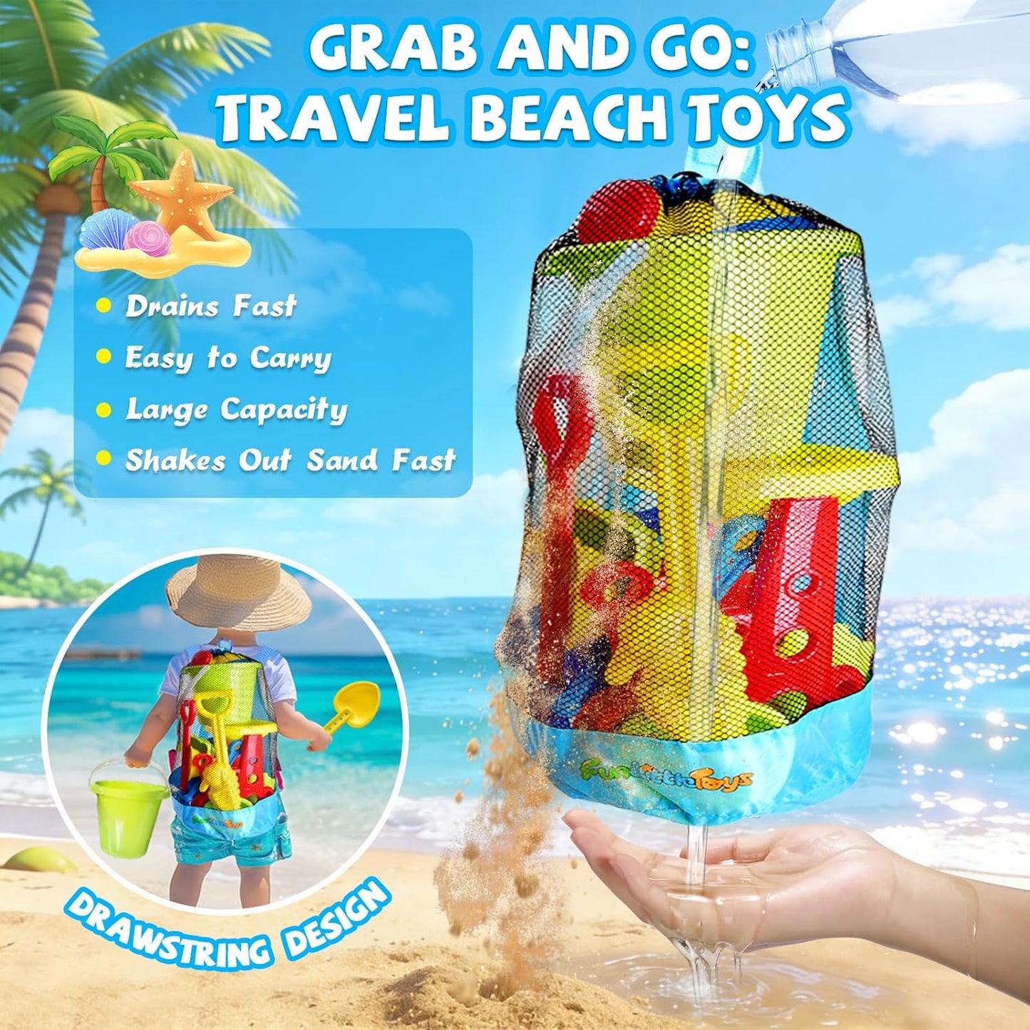 Hot Beach Toys, 19 Piece Sand Toys Set Kids Sandbox Toys Includes Water Wheel Beach Tool Kit Bucket Watering Can Molds with Mesh Bag for Kids Ages 3-13