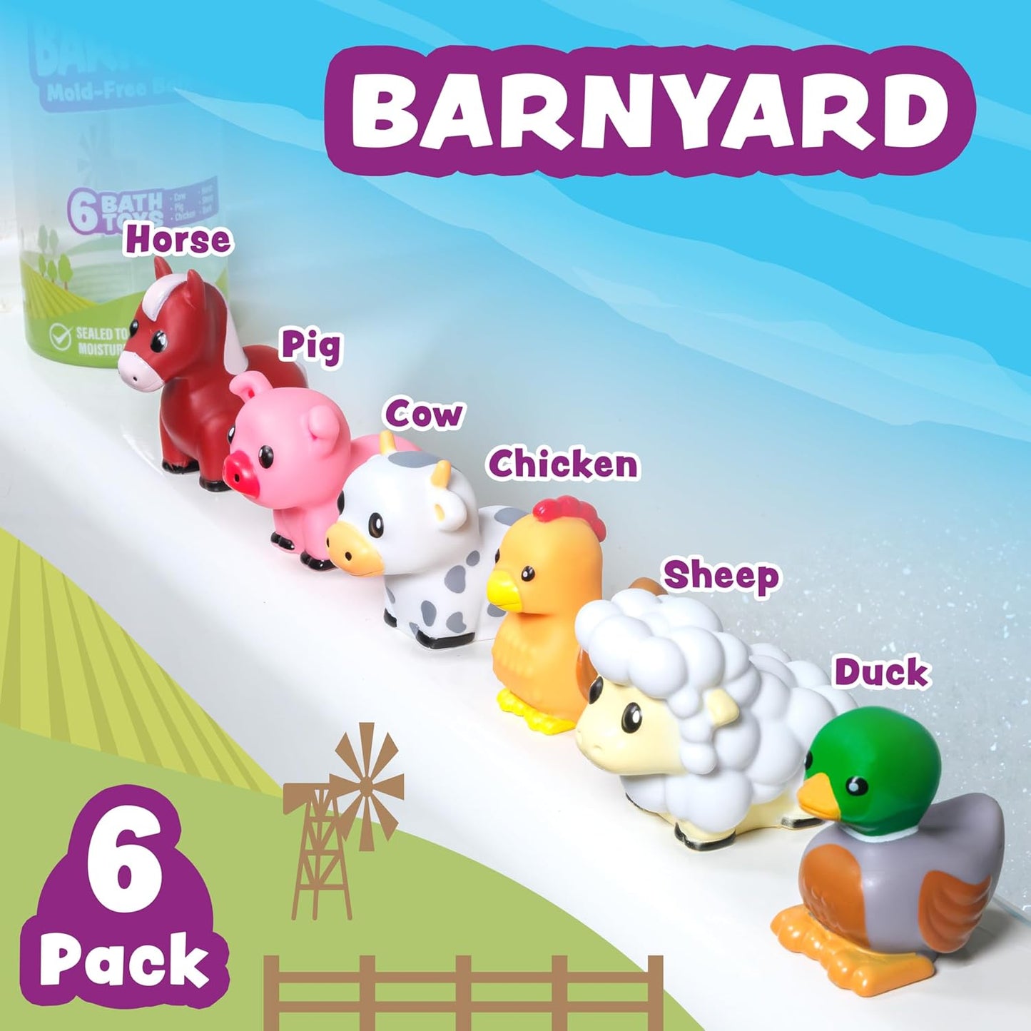 HotTub Works® Barnyard™ Mold Free Bath Toys, 6 Pack | Sealed, No Hole Bath Toys Design Keeps Moisture Out | Soft, Squeezable & Float on Water | Farm Animals Baby & Toddler Bathtub Toys | Baby Pool Toys