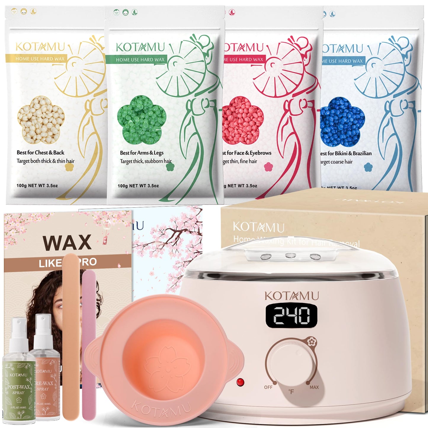 HotKOTAMU Waxing Kit for Women & Men, Pink Digital Wax Pot Warmer Hair Removal | Home Hard Wax Kit, Wax Machine, Face, Eyebrow, Bikini, Brazilian, Body, Sensitive Skin, 25 Accessories, Beginner-Friendly