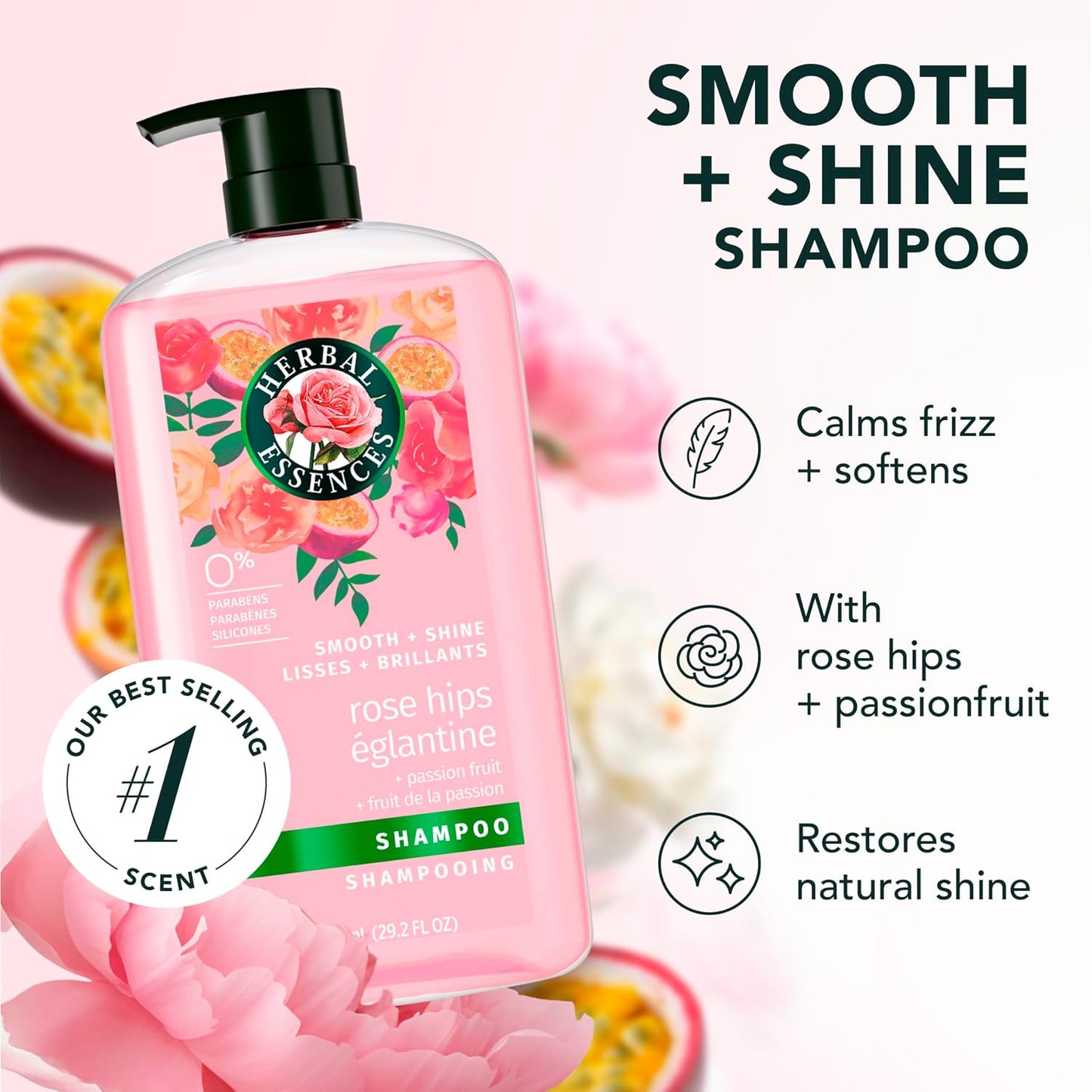 HotHerbal Essences Shampoo, Rose Hips + Passionfruit - Smooth Collection, Shiny Hair with Vitamin E & Jojoba, Safe for Color Treated Hair, Floral Scent, Cruelty-Free, Dermatologist-Tested, 29.2 Fl Oz
