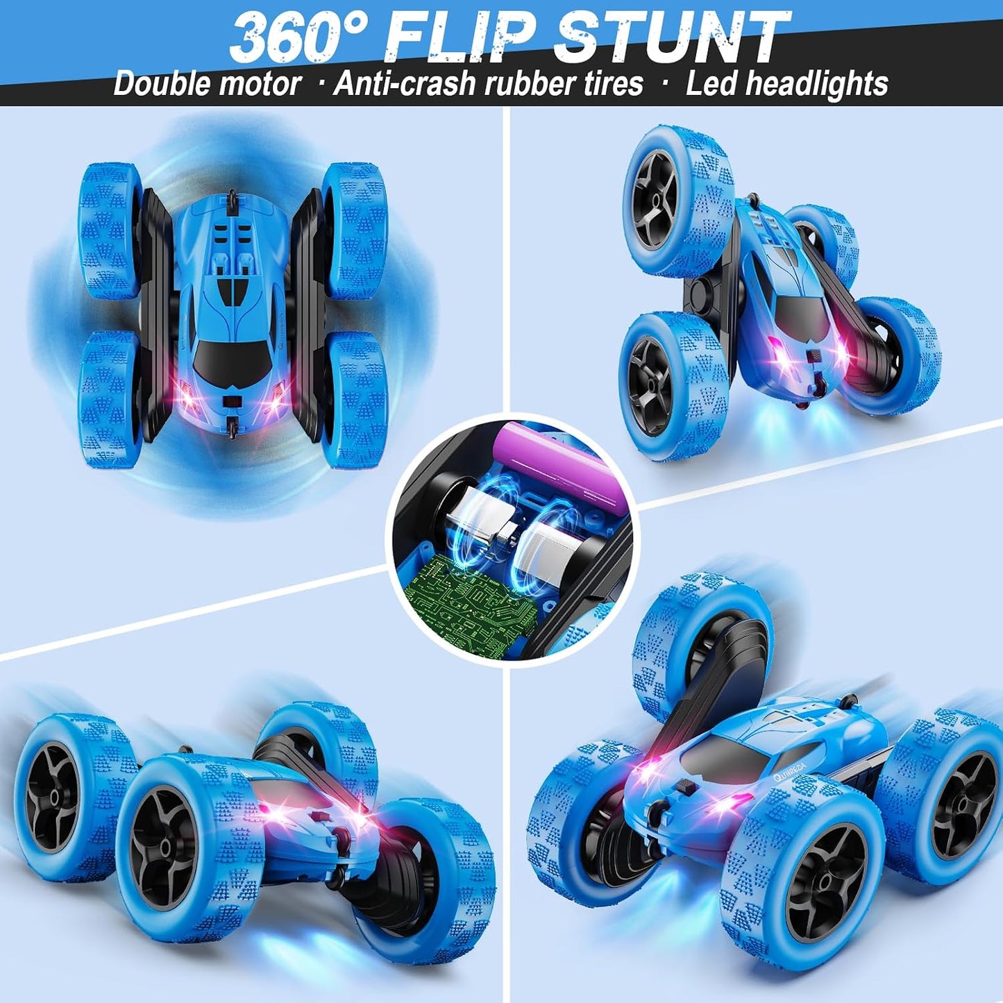 HotQUNREDA Remote Control Car, RC Cars Toys for Kids Ages 6-12, 4WD Stunt Car with LED Lights & 360° Flips, 2.4GHz, Upgraded USB-C Modular Batteries, 8-10 Year Old Boys Birthday Gift 1-Blue