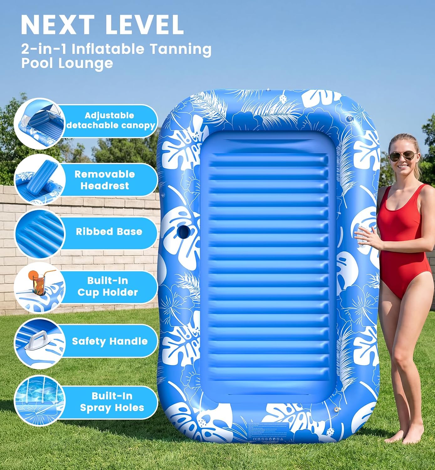 HotInflatable Tanning Pool Lounger Float with Sprinkler & Canopy UPF50+, 77" x 48" Extra Large Tanning Pool Float for Adults, Sunbathing Water Lounge Bed with Pillow & Cup Holder for Backyard & Pool