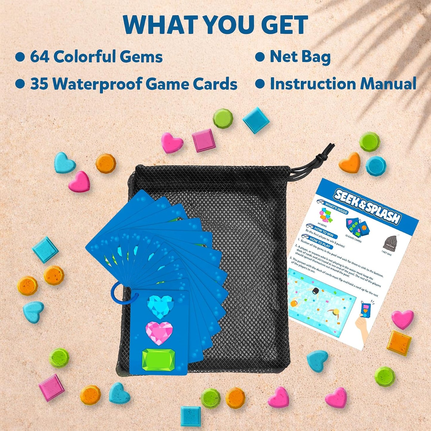 HotSkillmatics – Seek & Splash, Pool Dive Toys for Kids, Search & Find Game | Swimming Pool Game, Fun Summer Gift for Boys & Girls Ages 6, 7, 8, 9, 10, 11 & Up, Includes 64 Colorful Gems