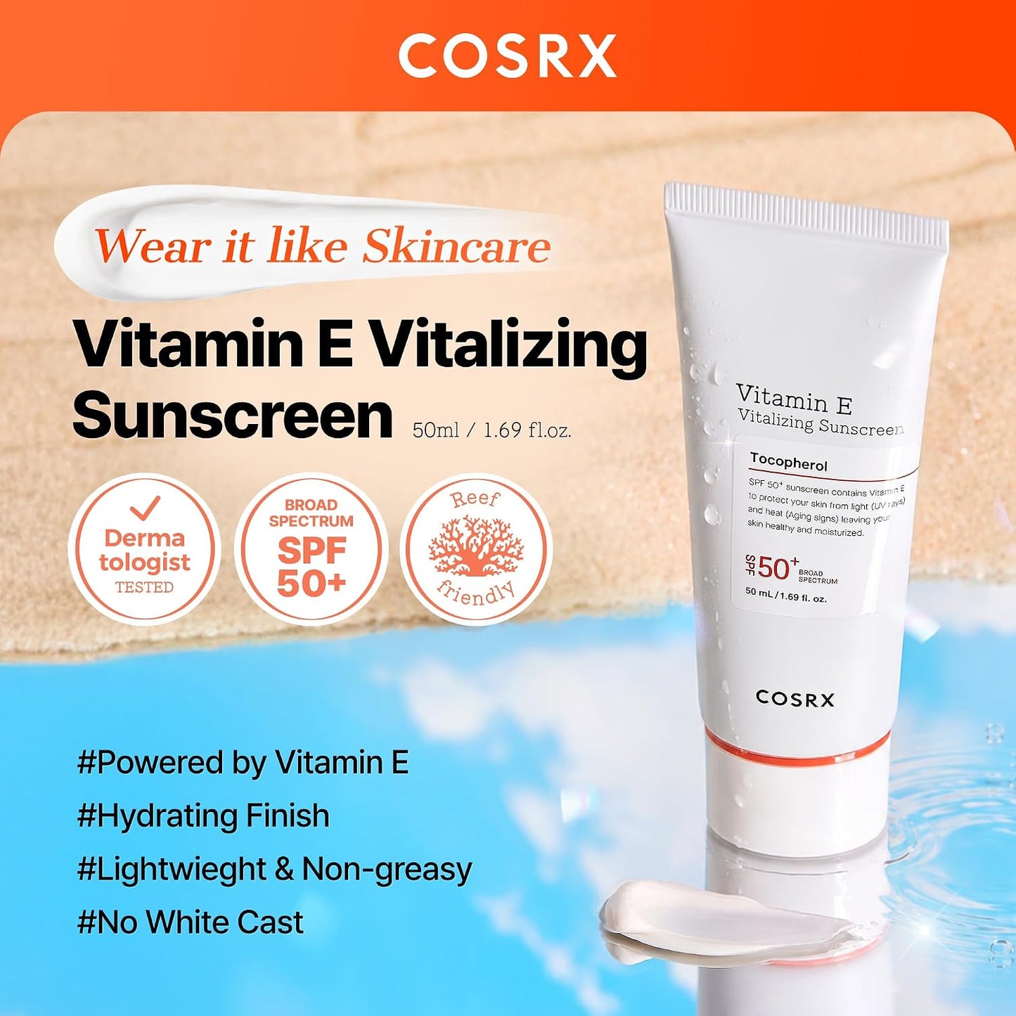 HotCOSRX Vitamin E Sunscreen for Oily Skin SPF 50, Natural Glow Face Sunscreen, Lightweight, Non-Sticky, No White Cast, Hydrating, Beach Essentials, Summer Travel Essentials, Korean Skincare,1.69 fl oz