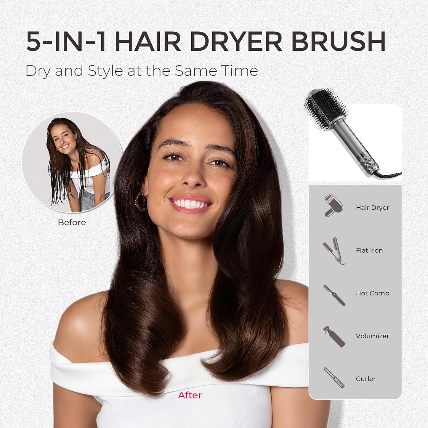HotTYMO 4.0 Hair Blow Dryer Brush - Lightweight 3X Faster Drying 5-in-1 Ionic Blowout Hair Dryer Brush Adds Shine, Volume & Fullness for Smooth, Anti-Frizz Straight, Curl & Blowout Styles, Metal Grey