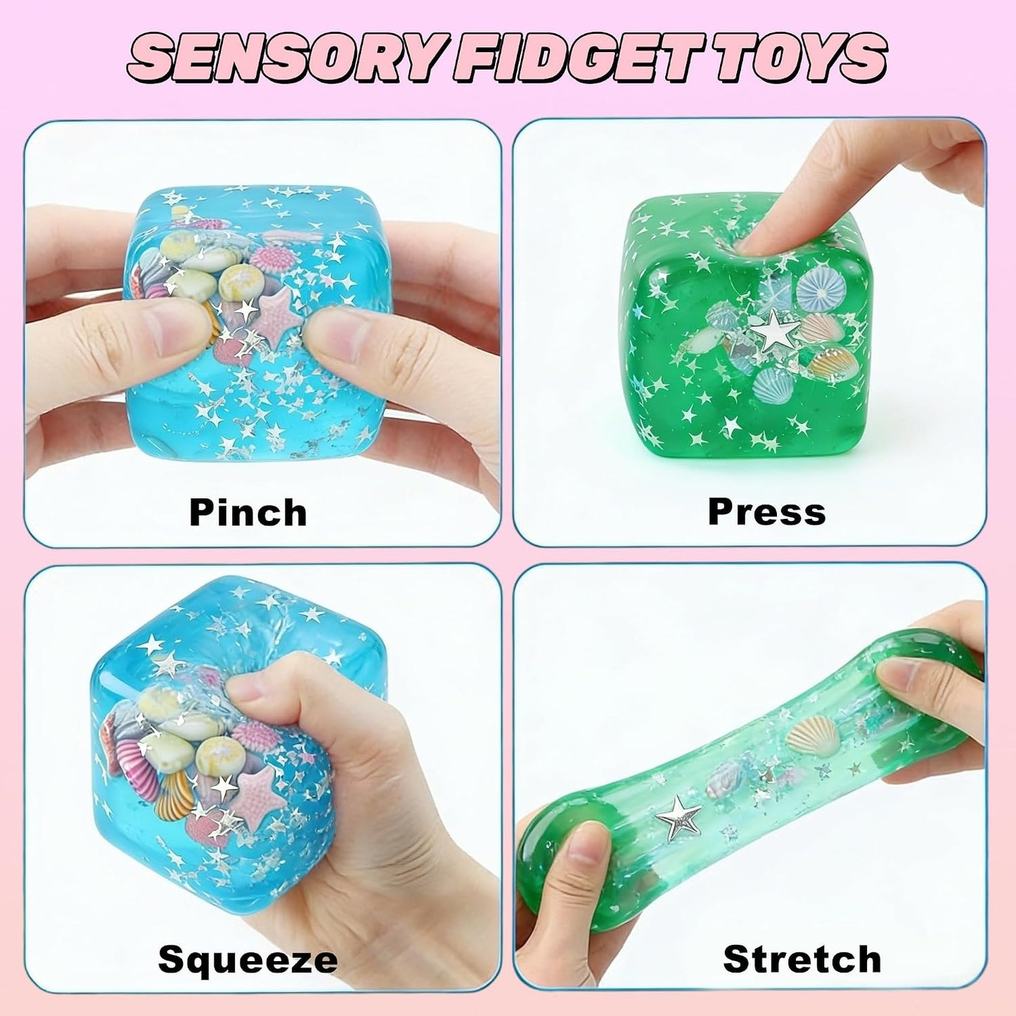 HotIce Cube Cube Fidget Toys - Sensory Toys for Adult with Real Sea Shells, Squishy Fidget Toy for ADHD, Anxiety Relief | Non-Toxic Squeeze Ball for Focus & Calm for School, Office