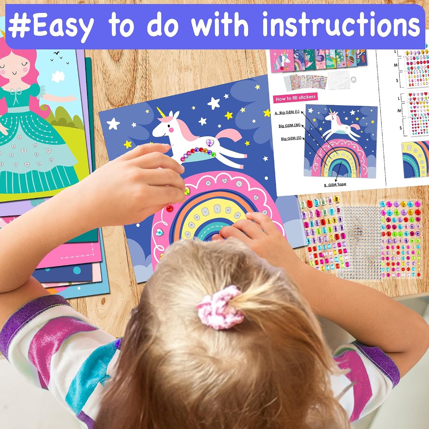 HotEZCRA Gem Sticker Kit for Kids - 990+ Stickers, 8 Unicorn Princess Themes | Diamond Art Stickers and Gem Craft Set. Mess-Free and DIY Arts and Crafts. Birthday and Holiday Gift for Girls Ages 3-8.