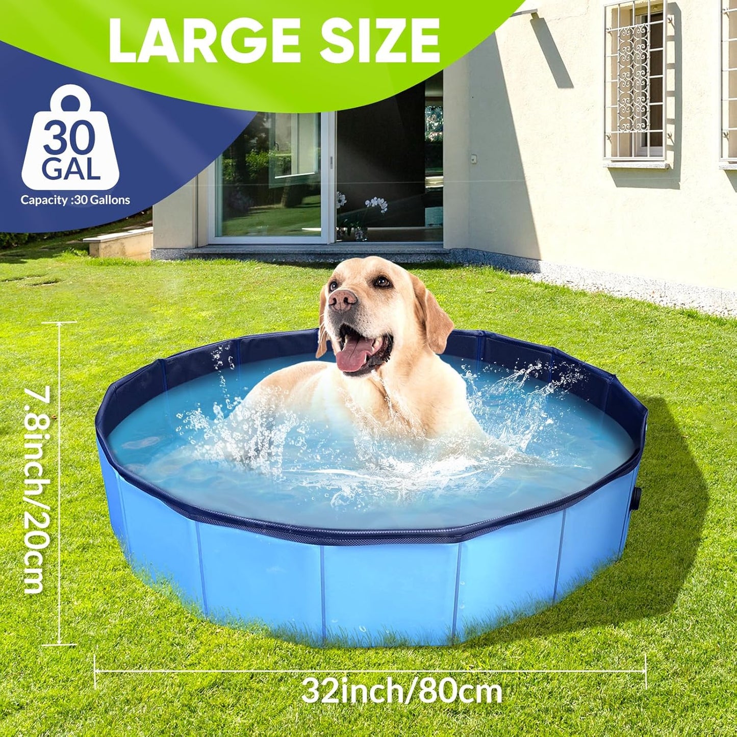 HotDog Pool, Foldable Pet Swimming Pool with 6mm High-Strength PP Board, Hard Plastic Collapsible Doggy Pools for Small Dogs Kitty Duck,Non-Slip Doggie Bathtub Quick to Set Up and Drainage Hole(32x8in)