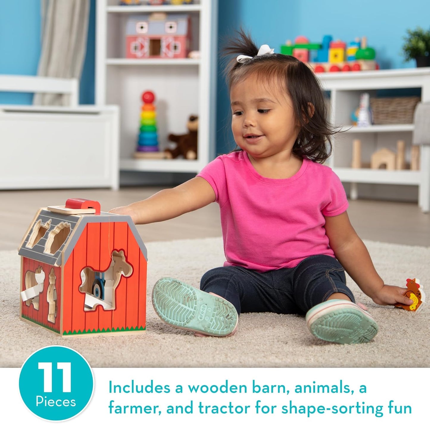 HotMelissa & Doug Take-Along Wooden Toy Barn, 11-Pc Portable Toddler Playset with Farm Animals & Pop-Up Roof, Preschool Learning Toys for Girls & Boys 2+